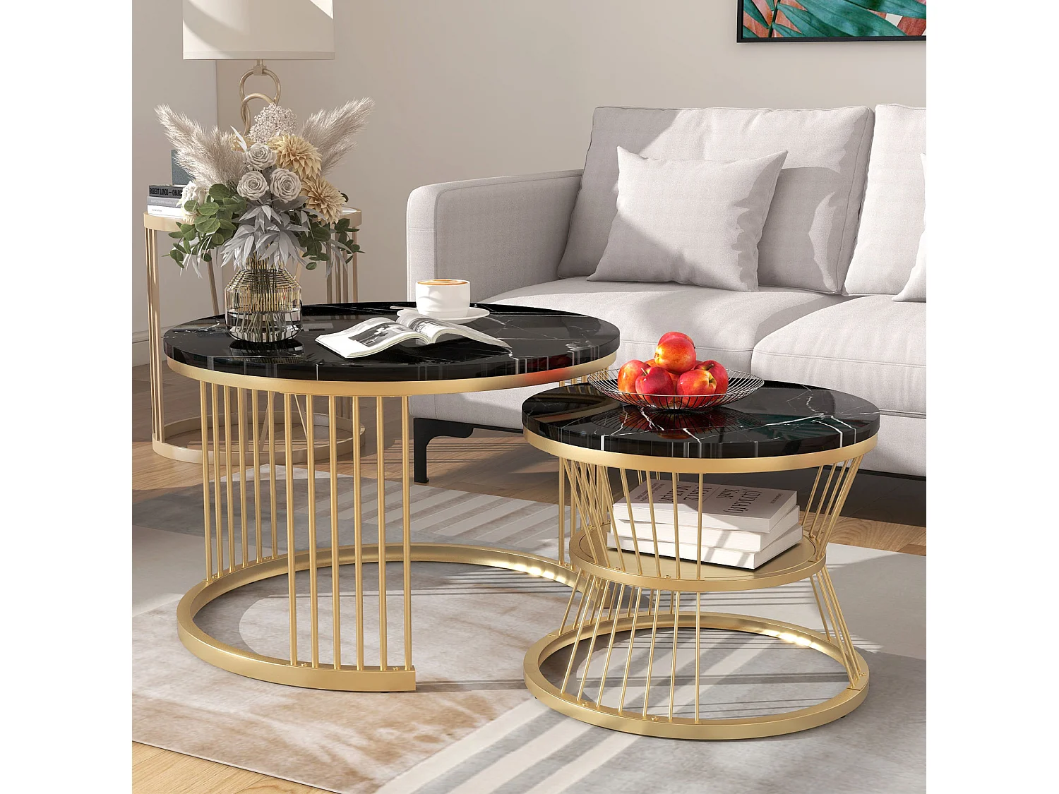 Lot de 2 tables basses rondes – Design moderne avec marbre brillant, Structure en métal, pour salon, bureau, balcon