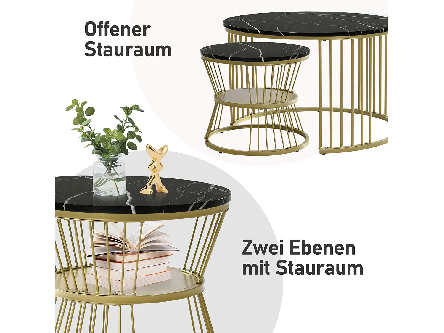 Lot de 2 tables basses rondes – Design moderne avec marbre brillant, Structure en métal, pour salon, bureau, balcon