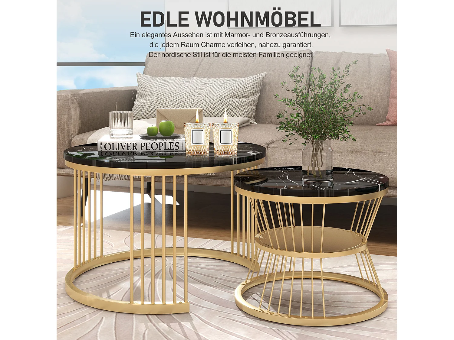Lot de 2 tables basses rondes – Design moderne avec marbre brillant, Structure en métal, pour salon, bureau, balcon