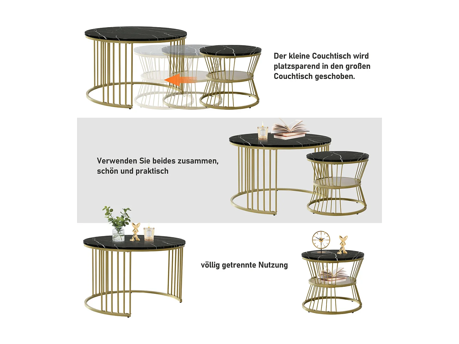 Lot de 2 tables basses rondes – Design moderne avec marbre brillant, Structure en métal, pour salon, bureau, balcon