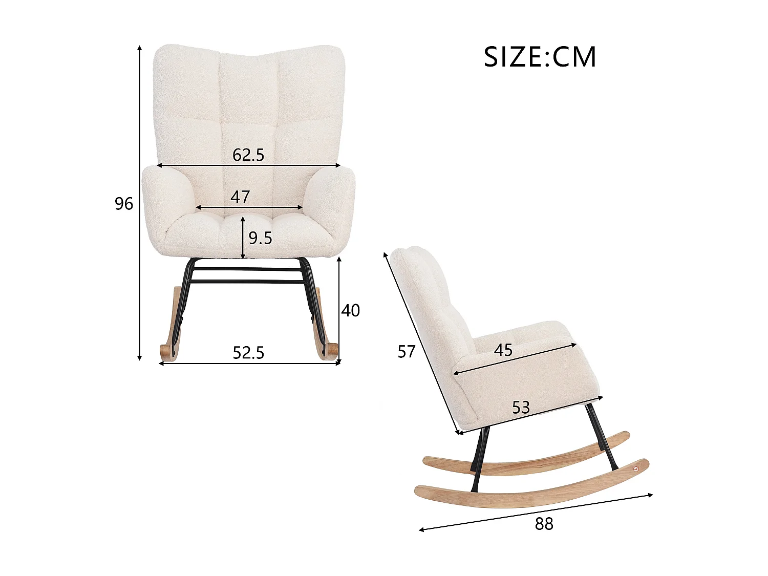 Fauteuil à Bascule Moderne Teddy avec Accoudoirs, Blanc, 113 kg