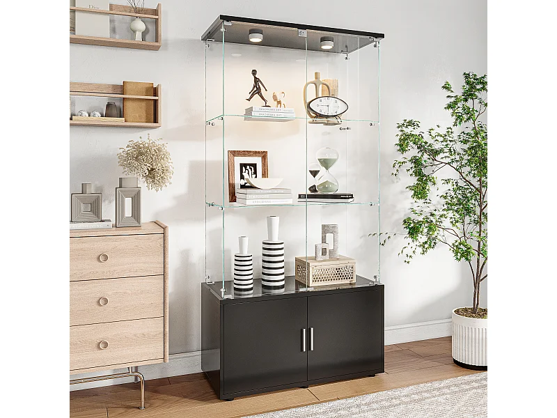 Vitrinekast met 3 planken, kasten en LED-verlichting - Modern design, Zwart