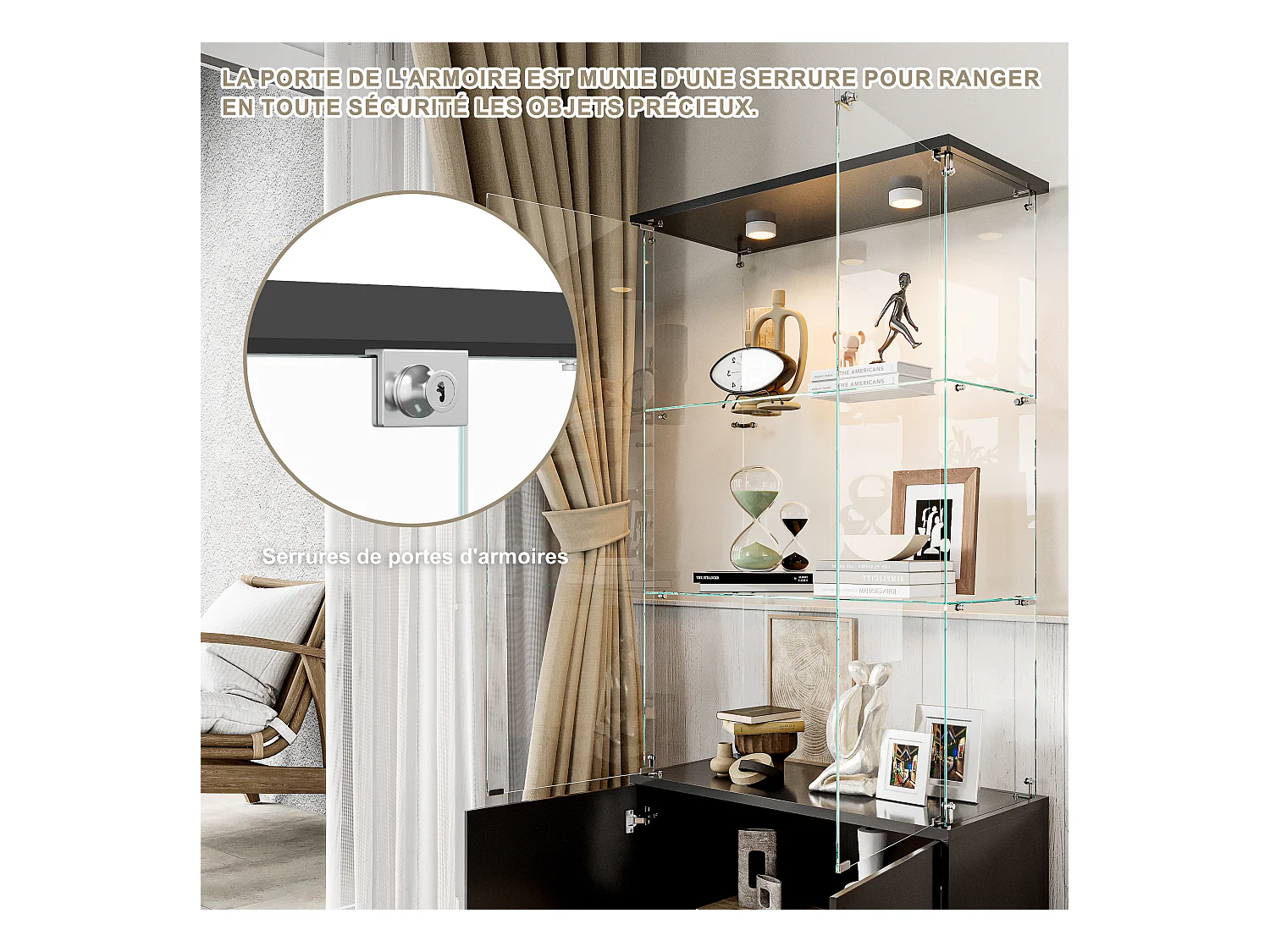 Vitrinekast met 3 planken, kasten en LED-verlichting - Modern design, Zwart