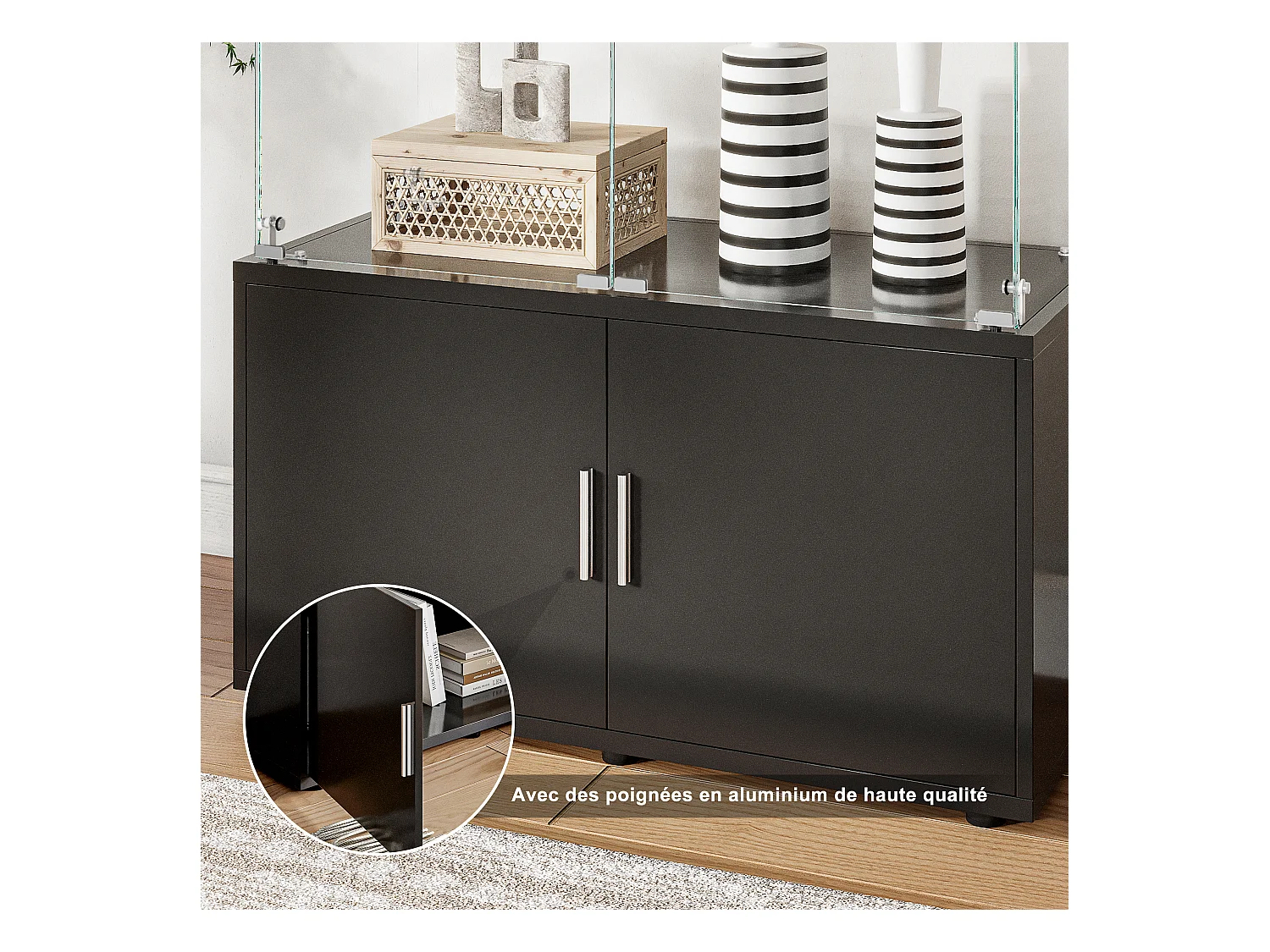 Vitrinekast met 3 planken, kasten en LED-verlichting - Modern design, Zwart