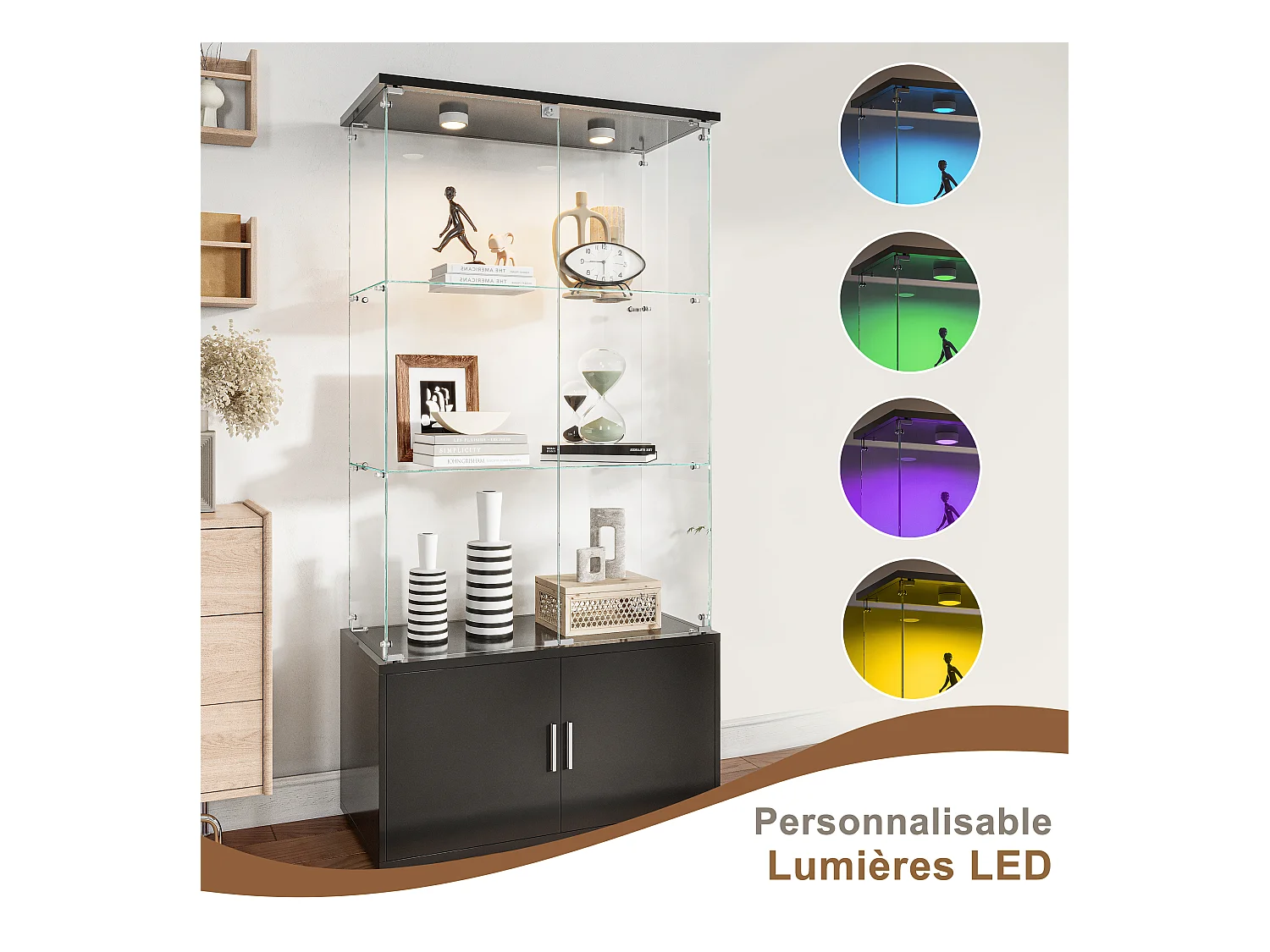 Vitrinekast met 3 planken, kasten en LED-verlichting - Modern design, Zwart