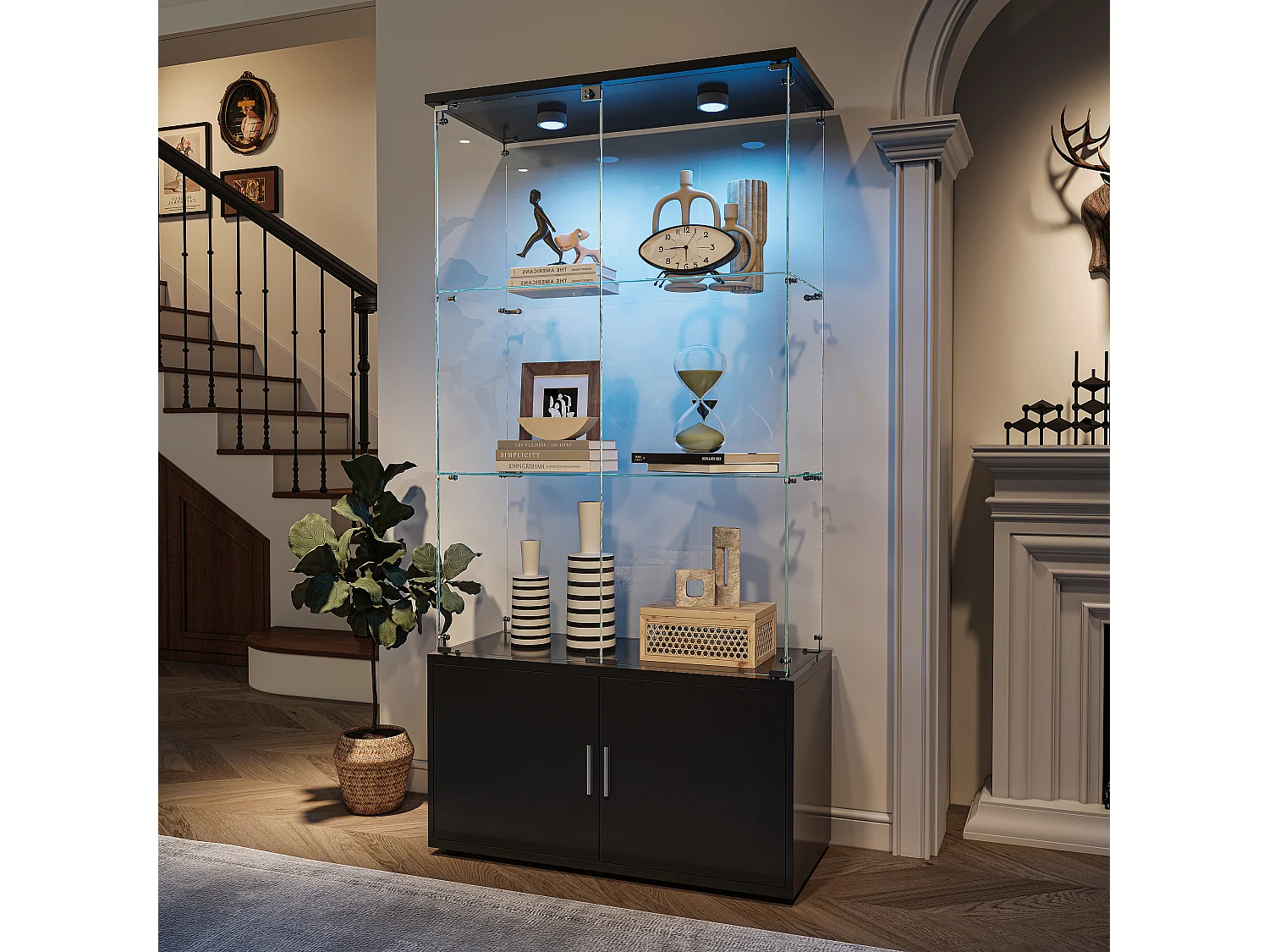 Vitrine en verre avec 3 étagères, armoires et éclairage LED – Design moderne, Noir