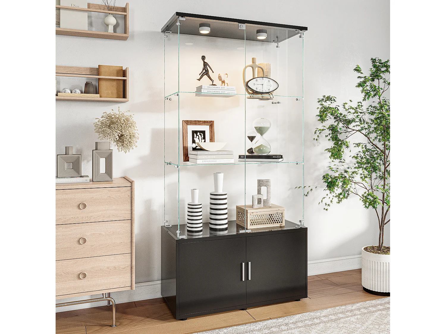 Vitrina de cristal con 3 estantes, armarios e iluminación LED - Diseño moderno, Color negro