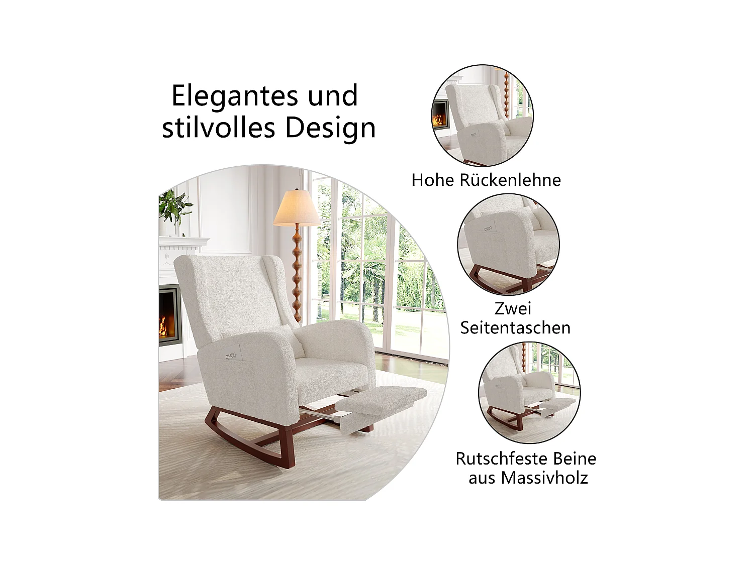 Cadeira de balanço de madeira maciça com apoio de pernas retrátil e encosto alto - Cadeira de balanço para sala de estar e quarto - Até 150 kg - Bege