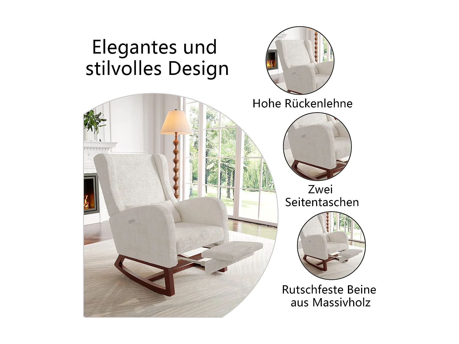 Cadeira de balanço de madeira maciça com apoio de pernas retrátil e encosto alto - Cadeira de balanço para sala de estar e quarto - Até 150 kg - Bege