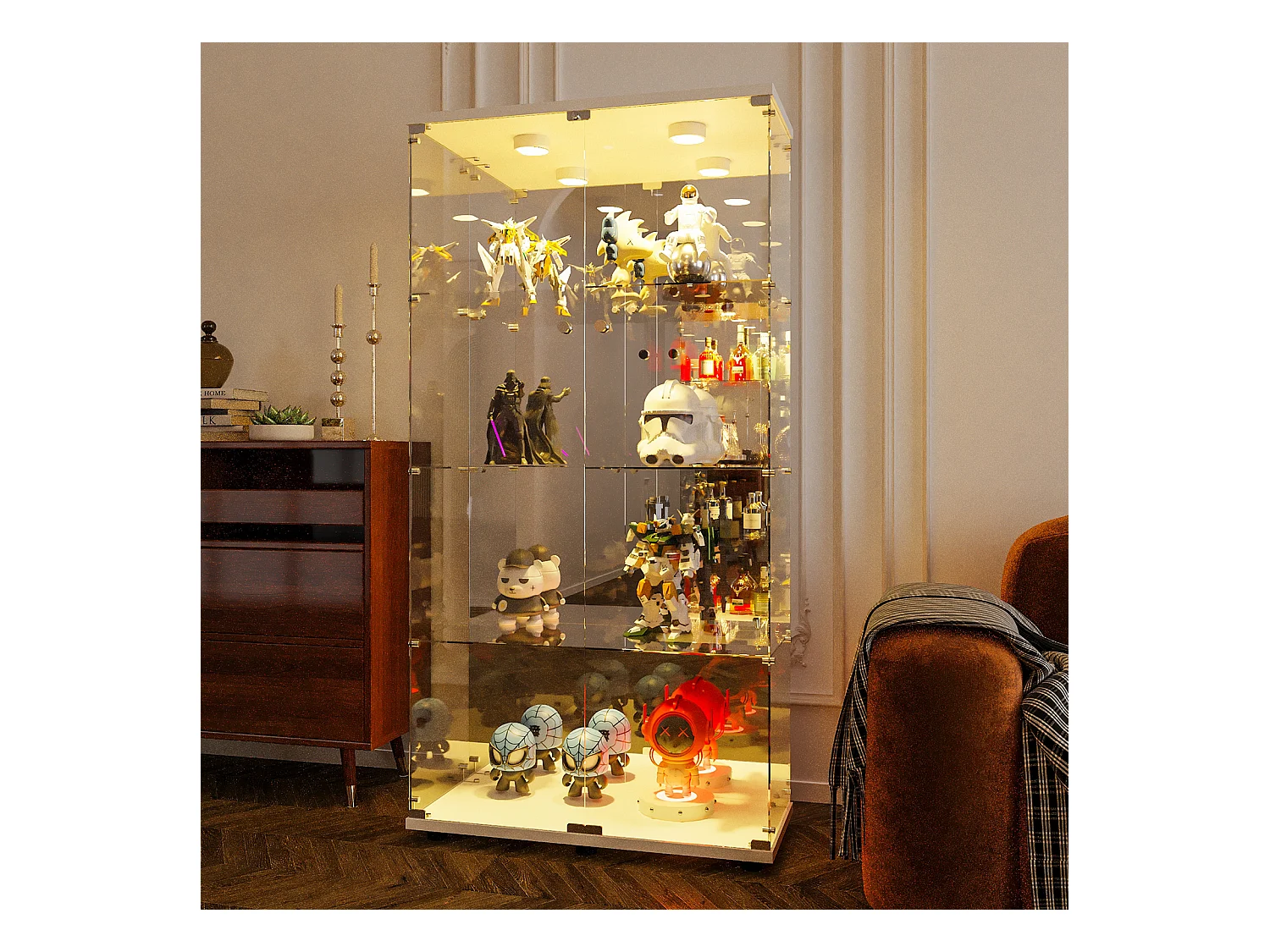 LED-Glasvitrine - 4 Böden, 2 Türen, freistehende Vitrine, weiß, 80,49x36,49x163,9 cm