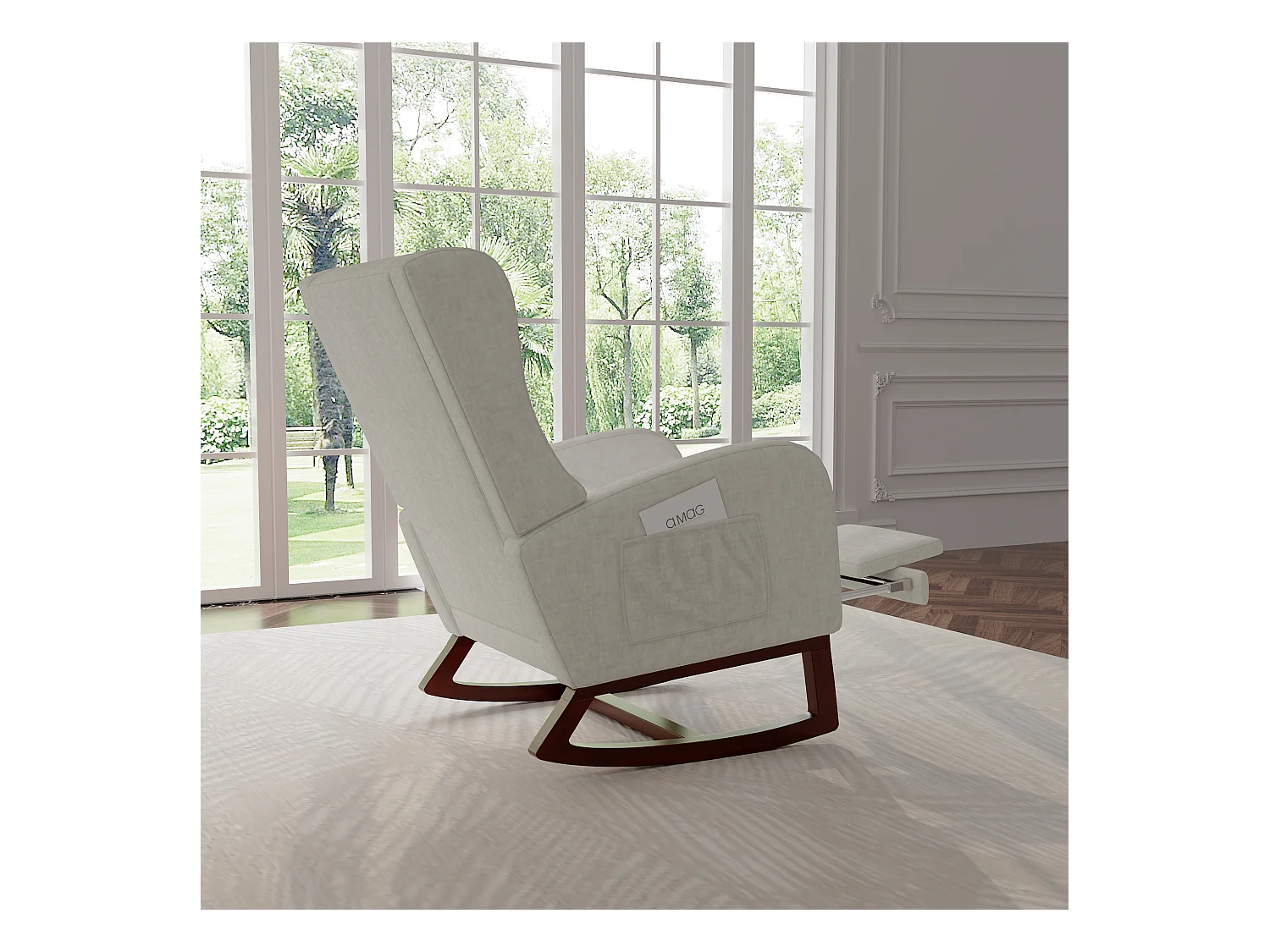 Cadeira de balanço com apoio de pernas retrátil e encosto alto em madeira maciça - Cadeira de balanço para sala de estar e quarto, carga até 150 kg - Cinza