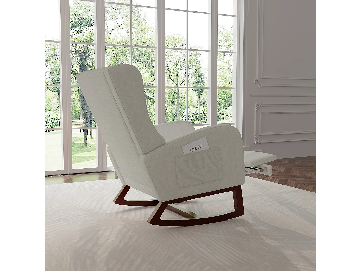 Fauteuil à Bascule avec Repose-Jambes Rétractable et Dossier Haut en Bois Massif - Chaise Berçante pour Salon et Chambre, Charge jusqu'à 150 kg - Gris