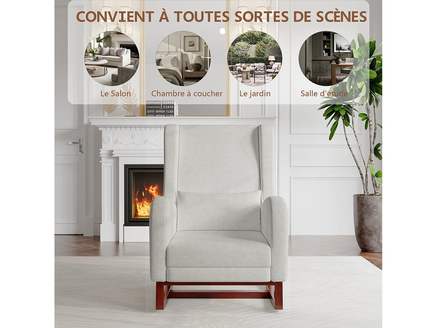 Fauteuil à Bascule avec Repose-Jambes Rétractable et Dossier Haut en Bois Massif - Chaise Berçante pour Salon et Chambre, Charge jusqu'à 150 kg - Gris