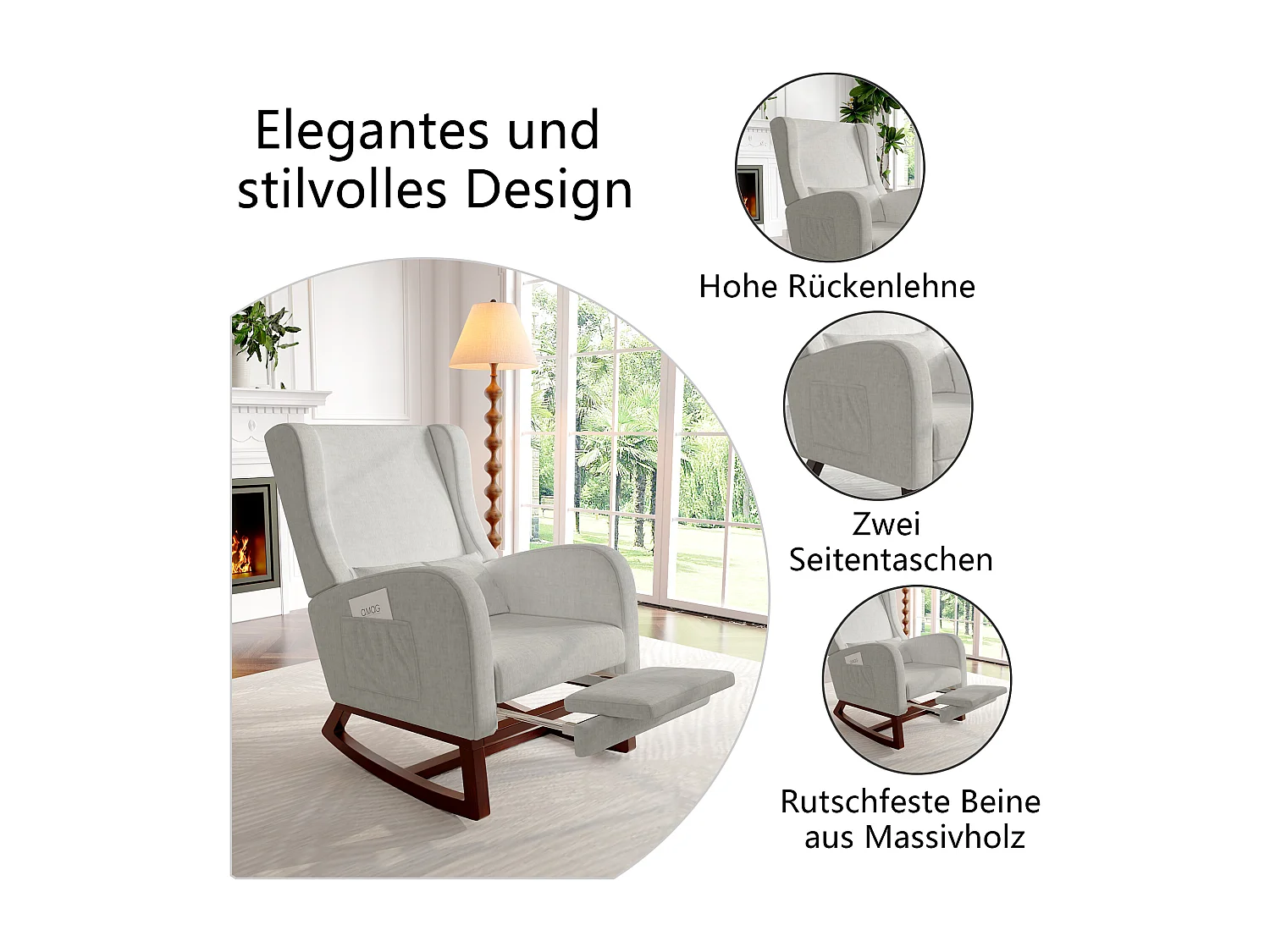 Fauteuil à Bascule avec Repose-Jambes Rétractable et Dossier Haut en Bois Massif - Chaise Berçante pour Salon et Chambre, Charge jusqu'à 150 kg - Gris