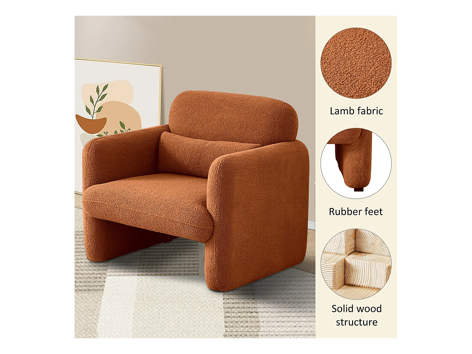 Fauteuil Lounge Moderne en Tissu Peluche - Chaise de Lecture et Fauteuil de Télévision - Pour Salon et Chambre à Coucher - Couleur Orange