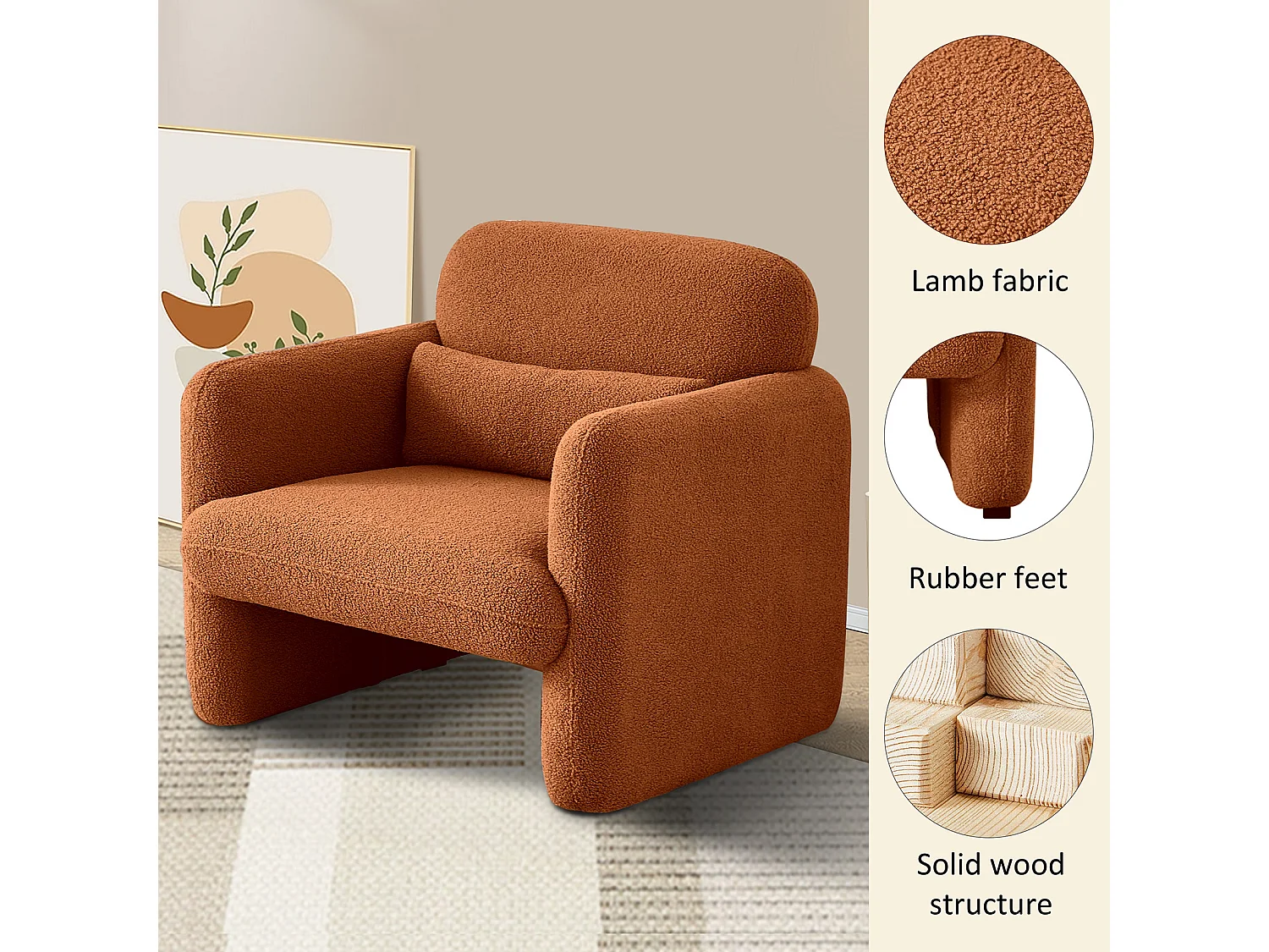Fauteuil Lounge Moderne en Tissu Peluche - Chaise de Lecture et Fauteuil de Télévision - Pour Salon et Chambre à Coucher - Couleur Orange