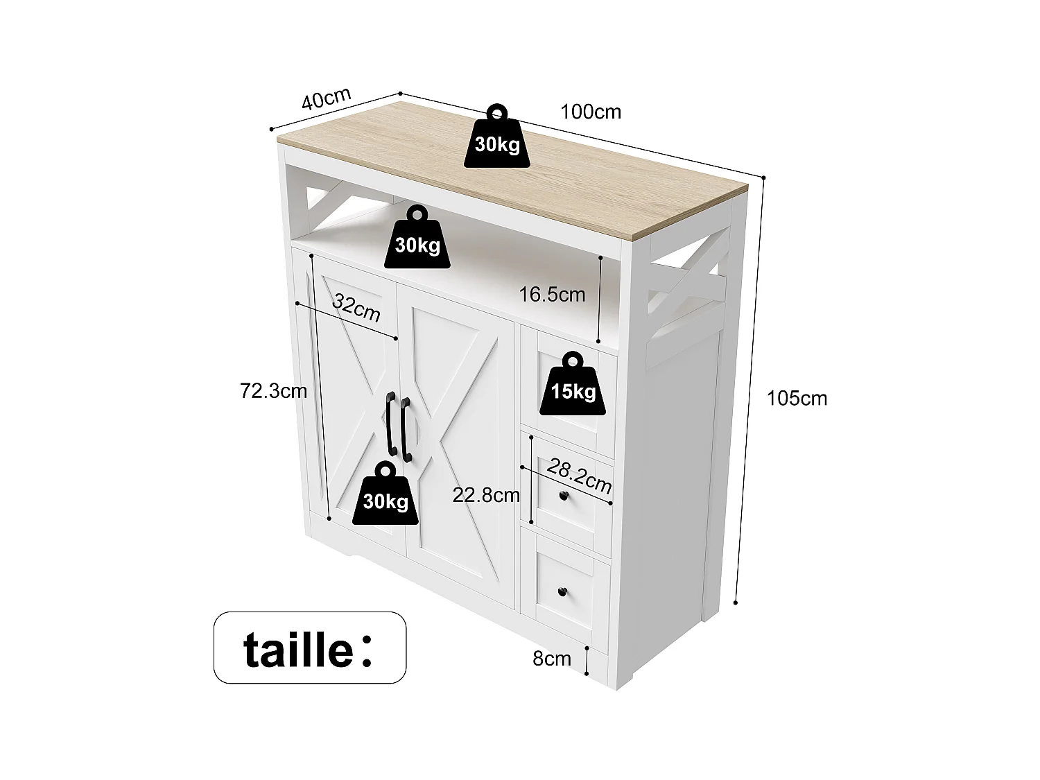 Scandinavisch dressoir met 3 lades en 2 deuren, 100 cm – Wit en hout