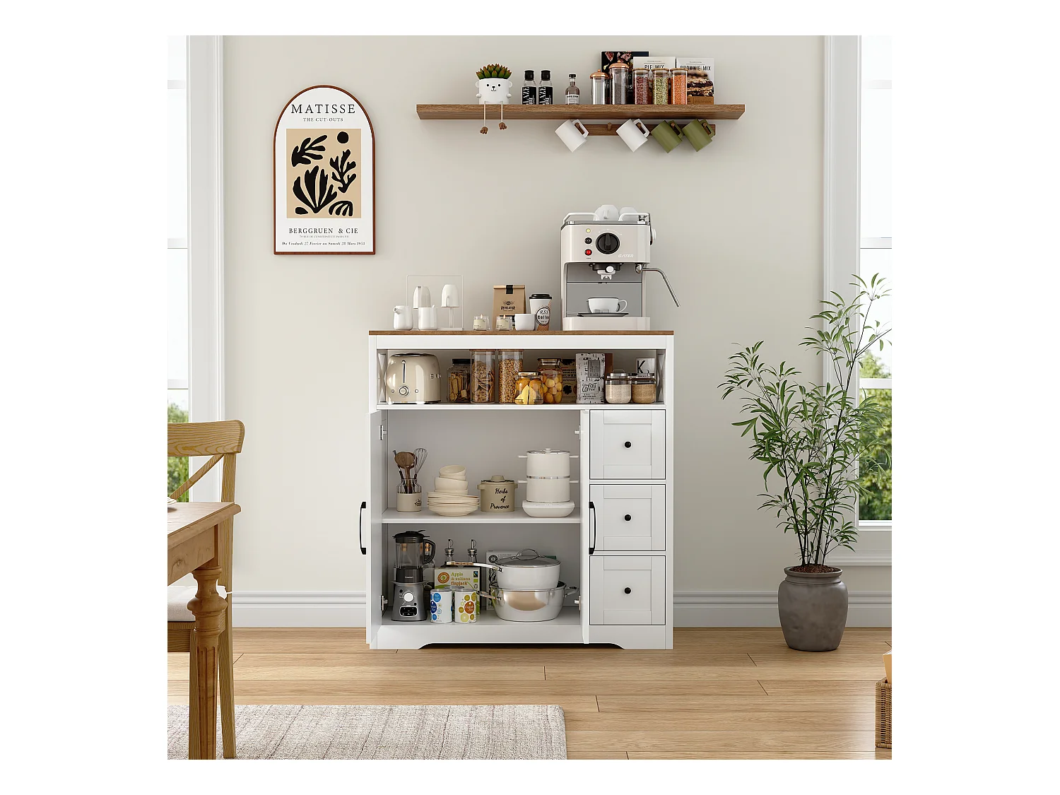 Scandinavisch dressoir met 3 lades en 2 deuren, 100 cm – Wit en hout