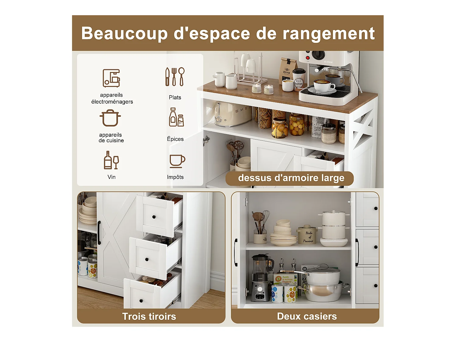 Scandinavisch dressoir met 3 lades en 2 deuren, 100 cm – Wit en hout