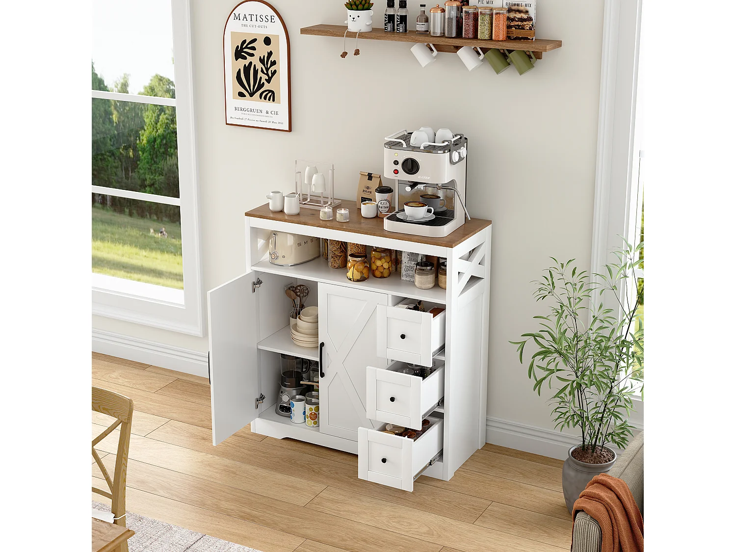 Skandinavisches Sideboard mit 3 Schubladen und 2 Türen, 100 cm – Weiß und Holz