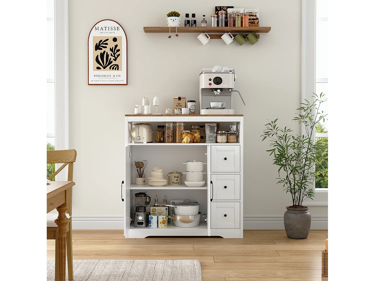 Skandinavisches Sideboard mit 3 Schubladen und 2 Türen, 100 cm – Weiß und Holz