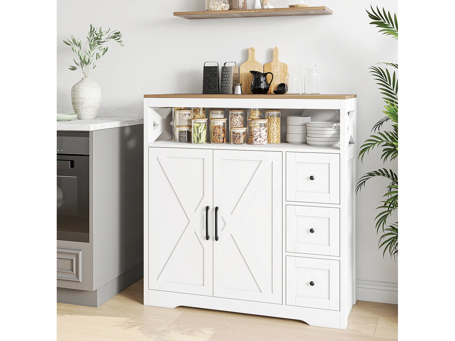 Skandinavisches Sideboard mit 3 Schubladen und 2 Türen, 100 cm – Weiß und Holz