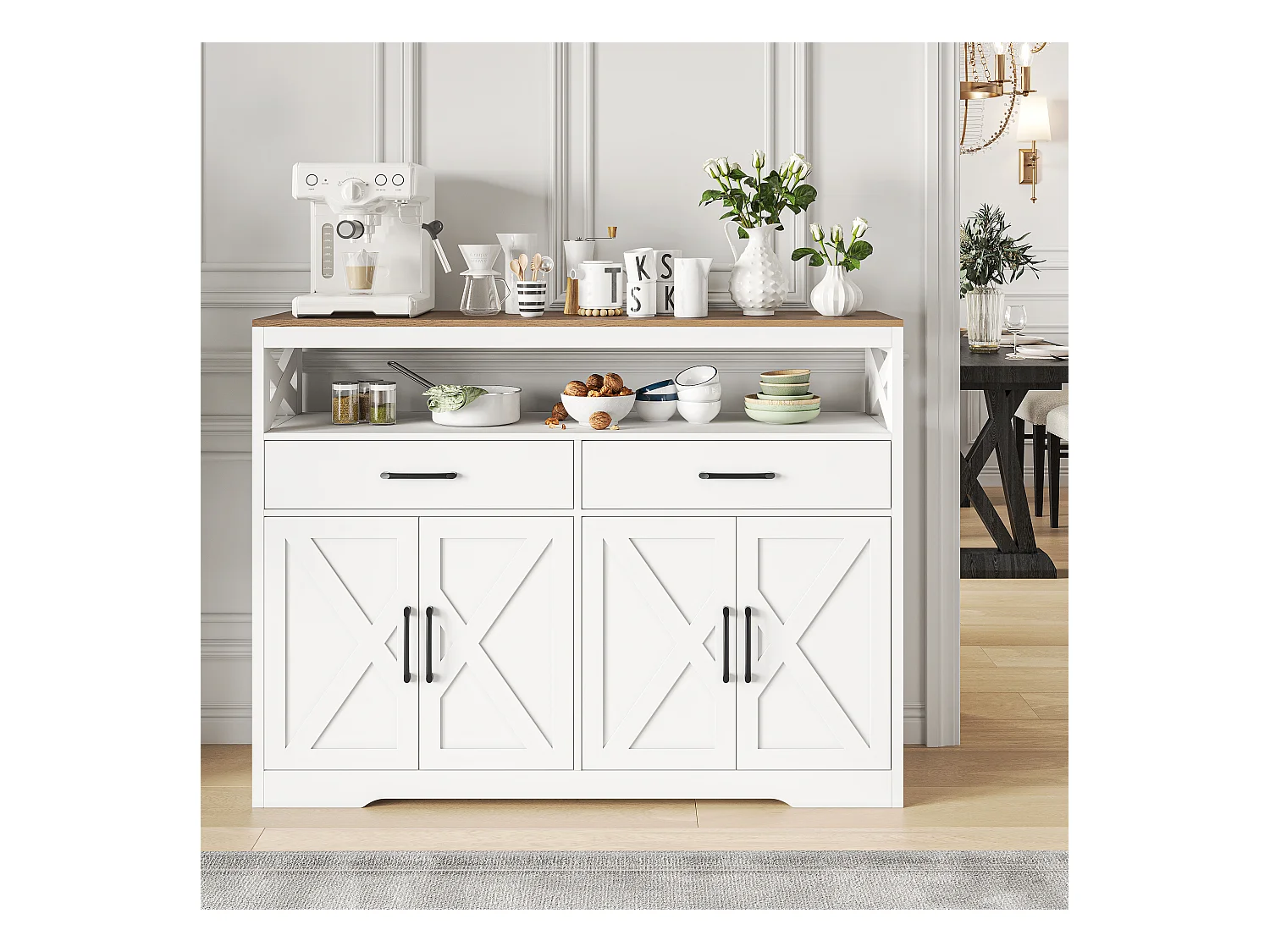 Scandinavisch dressoir met 2 lades en 2 deuren, 140 cm – Hout en wit