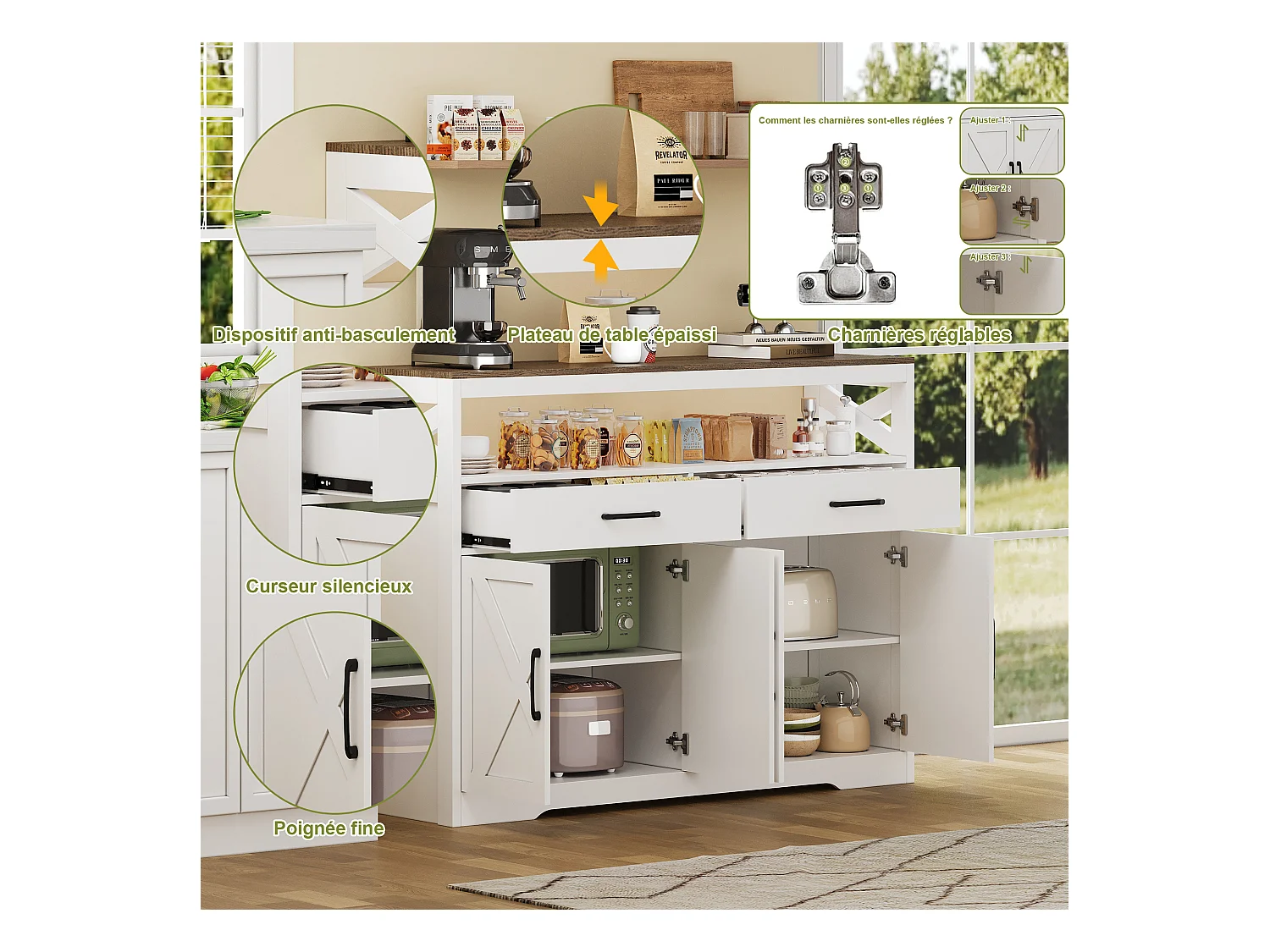 Scandinavisch dressoir met 2 lades en 2 deuren, 140 cm – Hout en wit