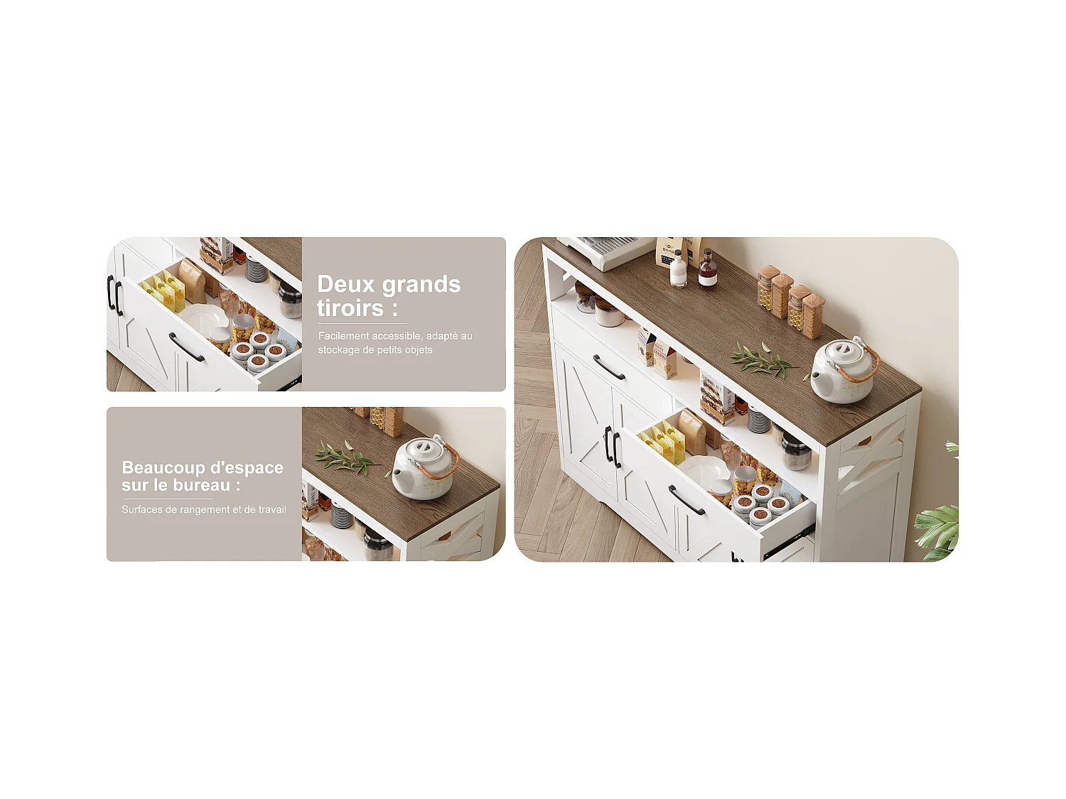 Scandinavisch dressoir met 2 lades en 2 deuren, 140 cm – Hout en wit