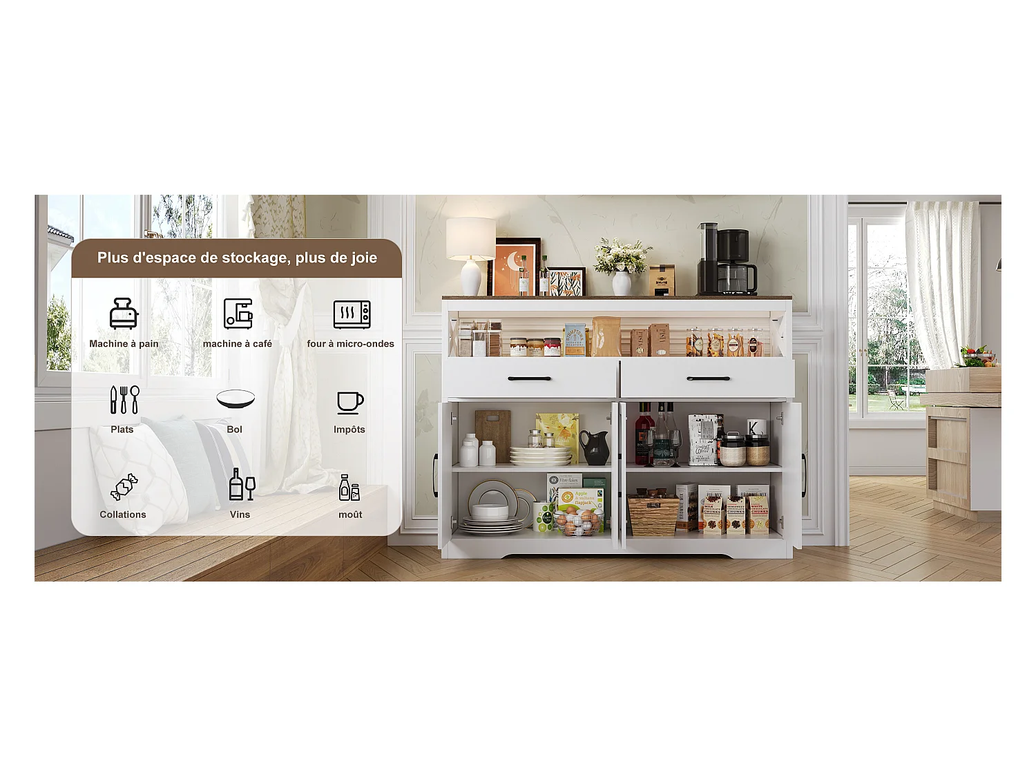 Scandinavisch dressoir met 2 lades en 2 deuren, 140 cm – Hout en wit