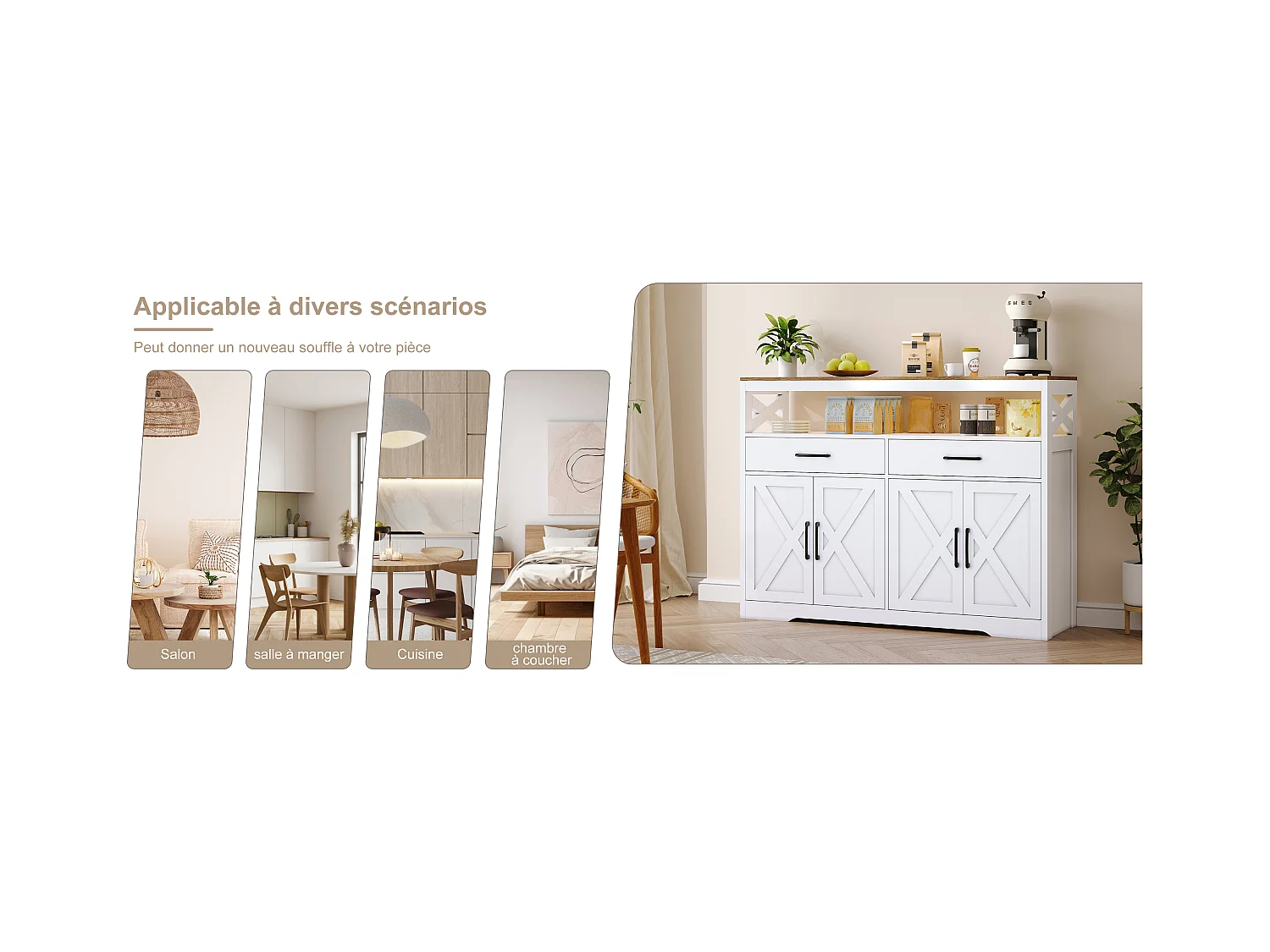 Scandinavisch dressoir met 2 lades en 2 deuren, 140 cm – Hout en wit