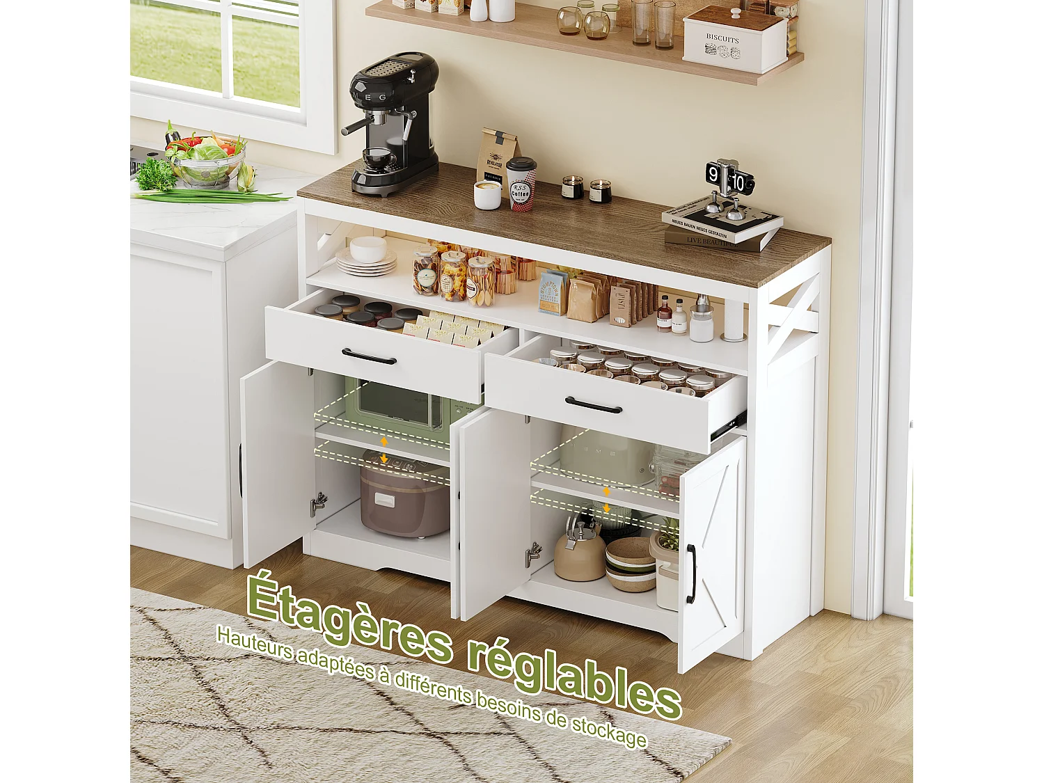 Skandinavisches Sideboard mit 2 Schubladen und 2 Türen, 140 cm – Holz und Weiß