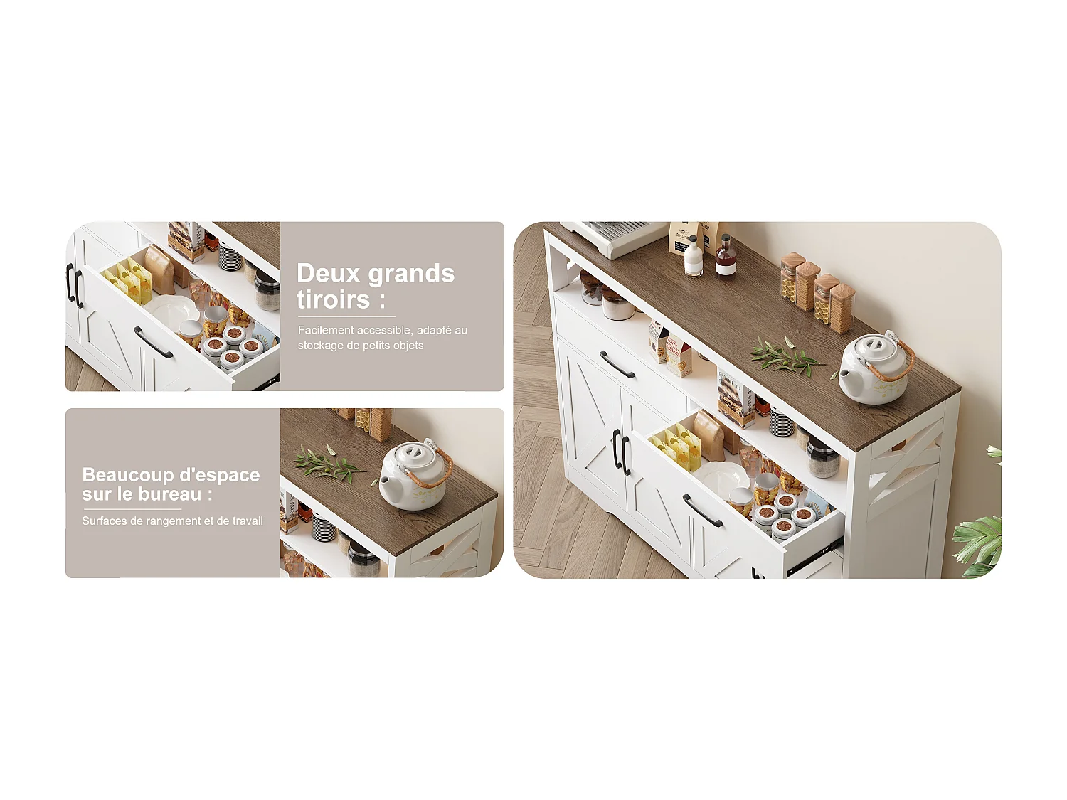 Skandinavisches Sideboard mit 2 Schubladen und 2 Türen, 140 cm – Holz und Weiß