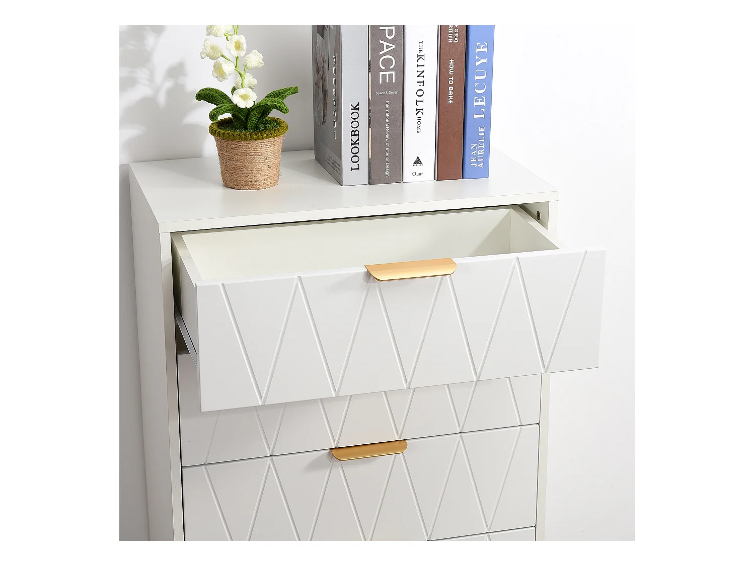 Buffet bas 6 tiroirs – Commode en bois MDF et métal doré – 60x34x90 cm – Couleur blanche