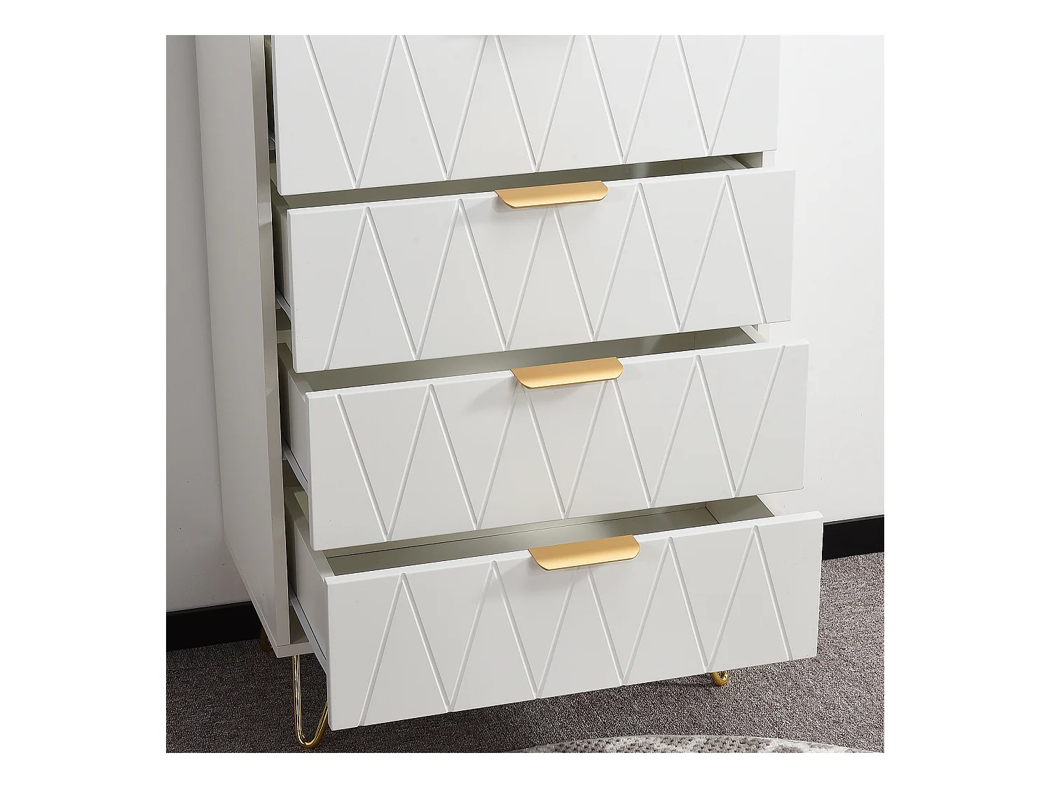 Buffet bas 6 tiroirs – Commode en bois MDF et métal doré – 60x34x90 cm – Couleur blanche