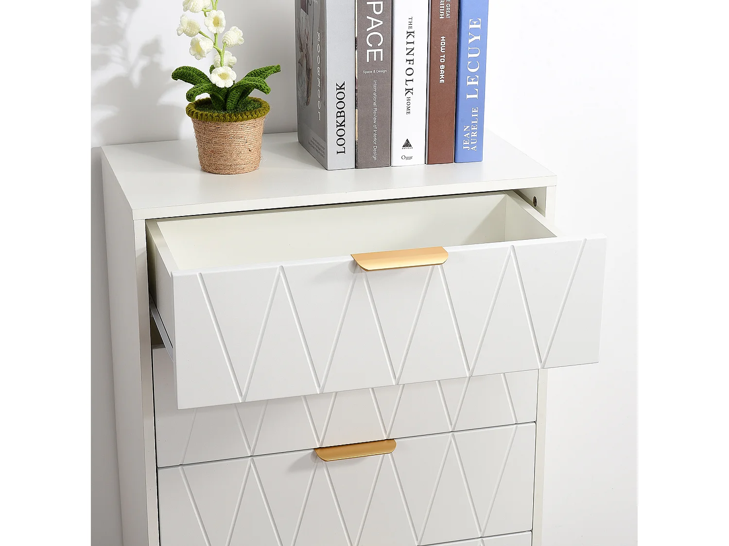 Buffet bas 6 tiroirs – Commode en bois MDF et métal doré – 60x34x90 cm – Couleur blanche