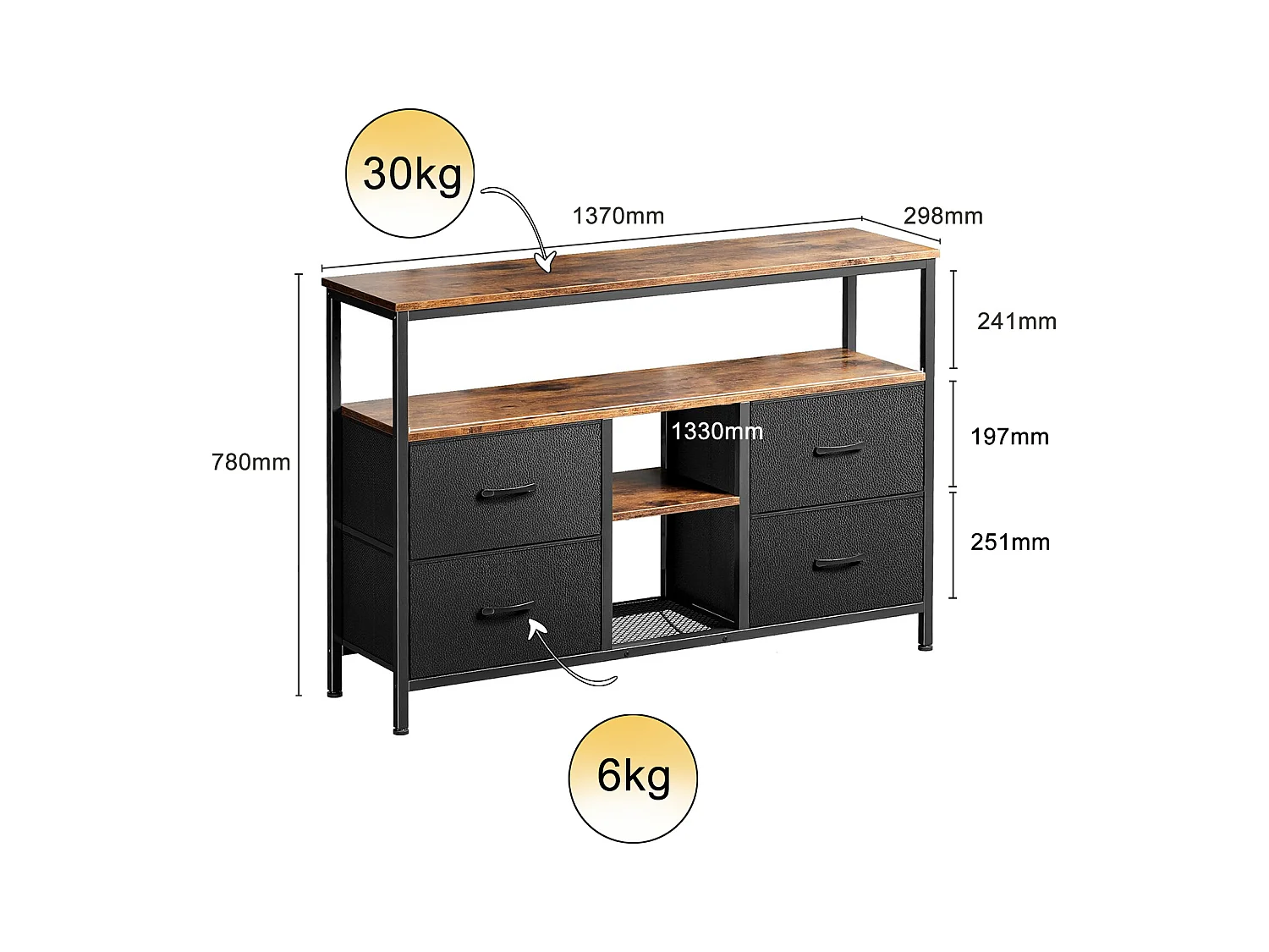 Móvel TV LED – 137x30x78 cm, 4 Gavetas, 2 Compartimentos, Tecido Couro e Metal Preto
