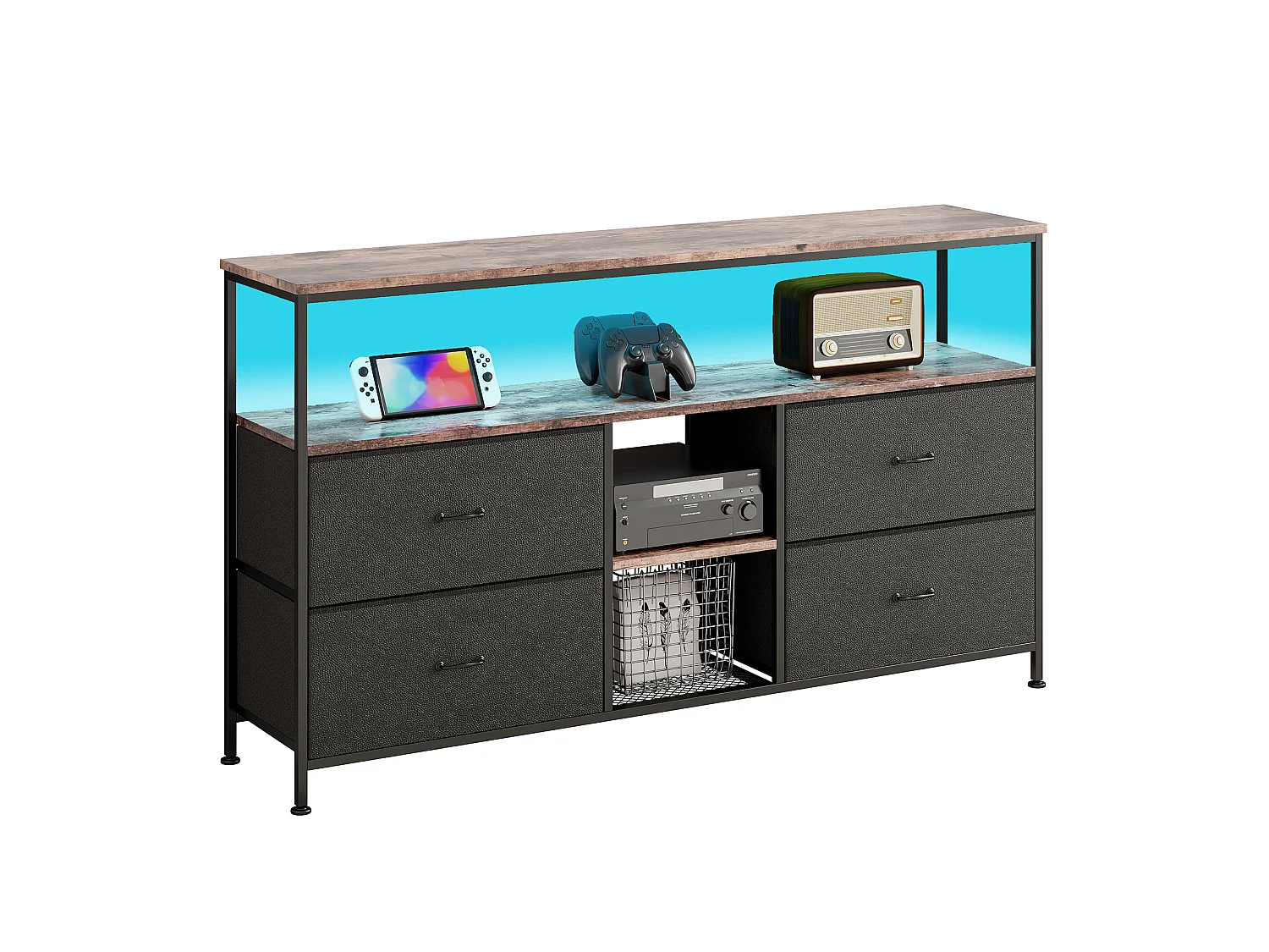 Meuble TV LED – 137x30x78 cm, 4 Tiroirs, 2 Compartiments, Tissu Cuir et Métal Noir