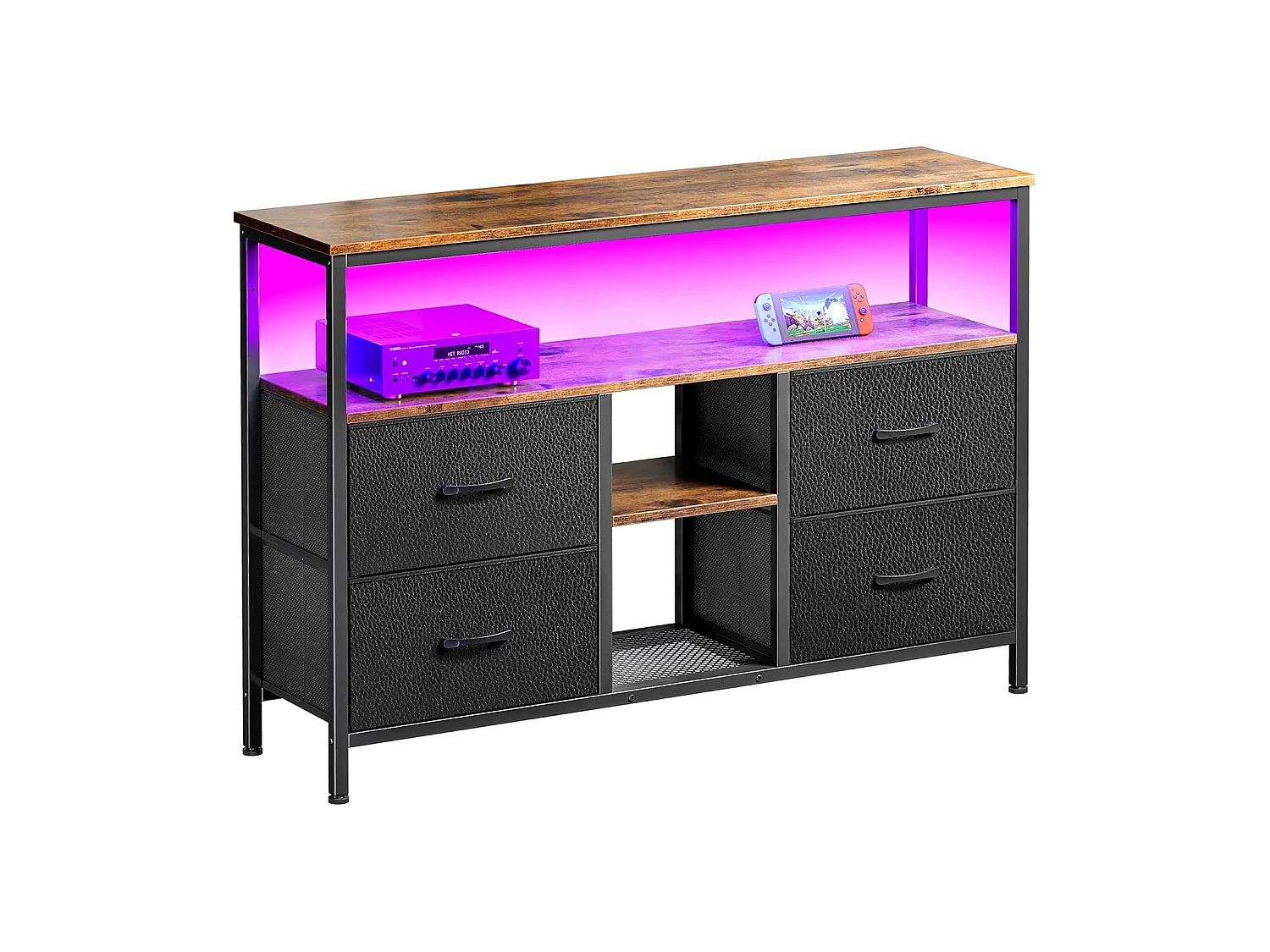 Meuble TV LED – 137x30x78 cm, 4 Tiroirs, 2 Compartiments, Tissu Cuir et Métal Noir