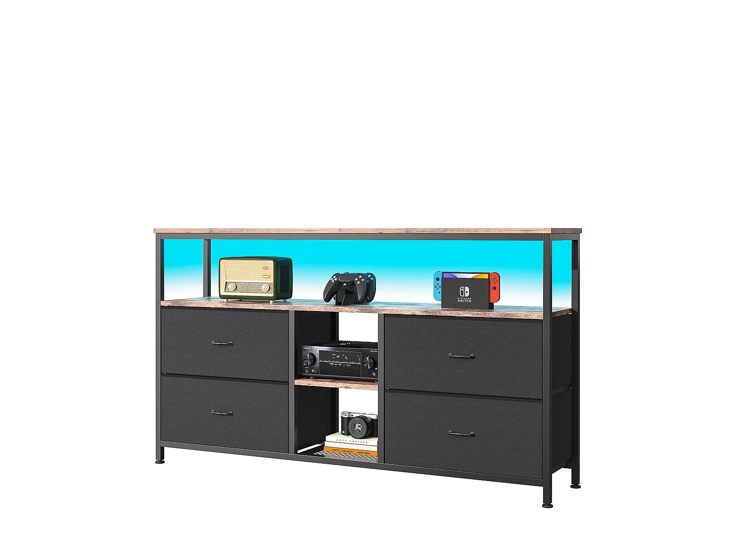 Meuble TV LED – 137x30x78 cm, 4 Tiroirs, 2 Compartiments, Tissu Cuir et Métal Noir