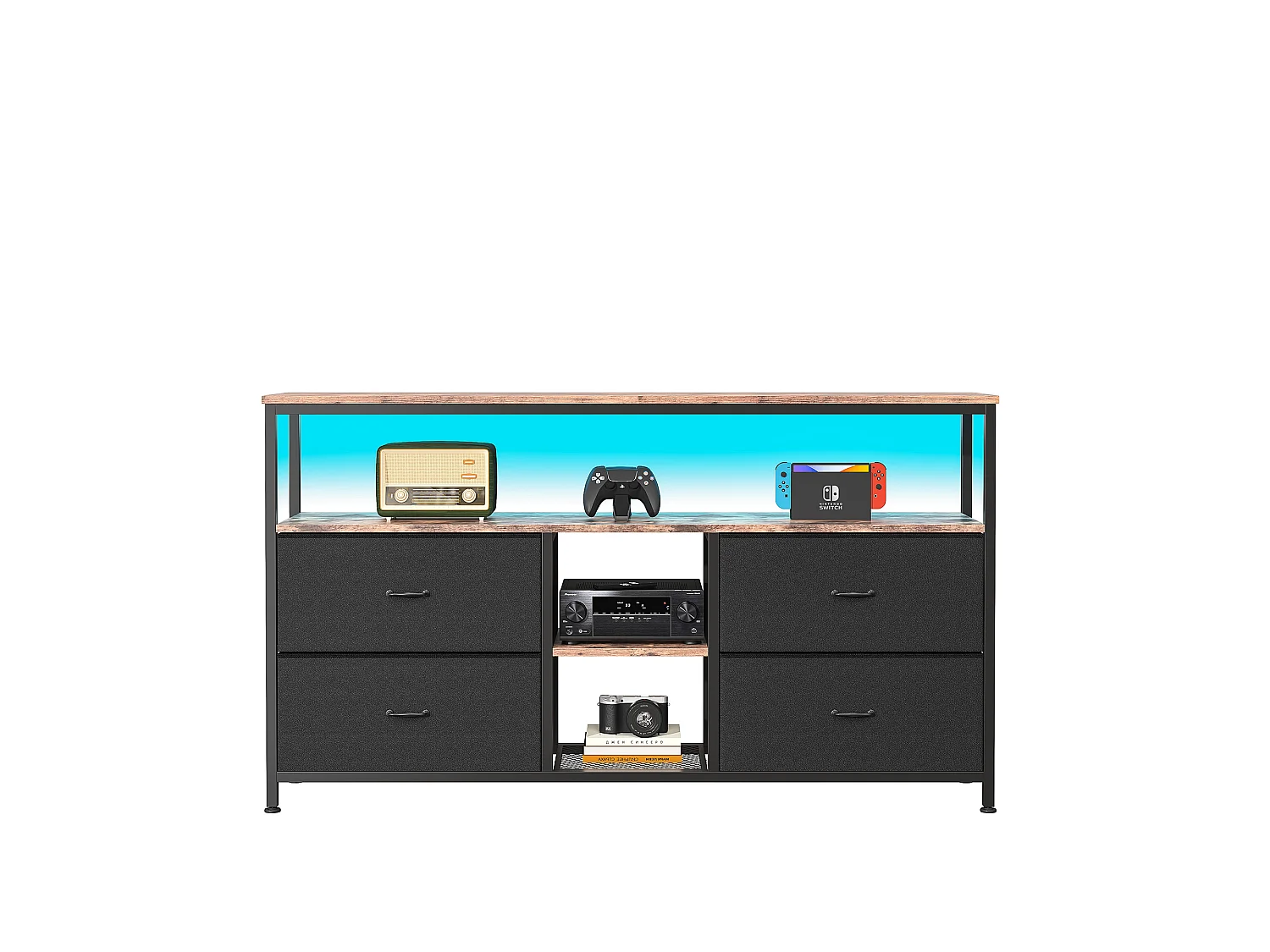Meuble TV LED – 137x30x78 cm, 4 Tiroirs, 2 Compartiments, Tissu Cuir et Métal Noir