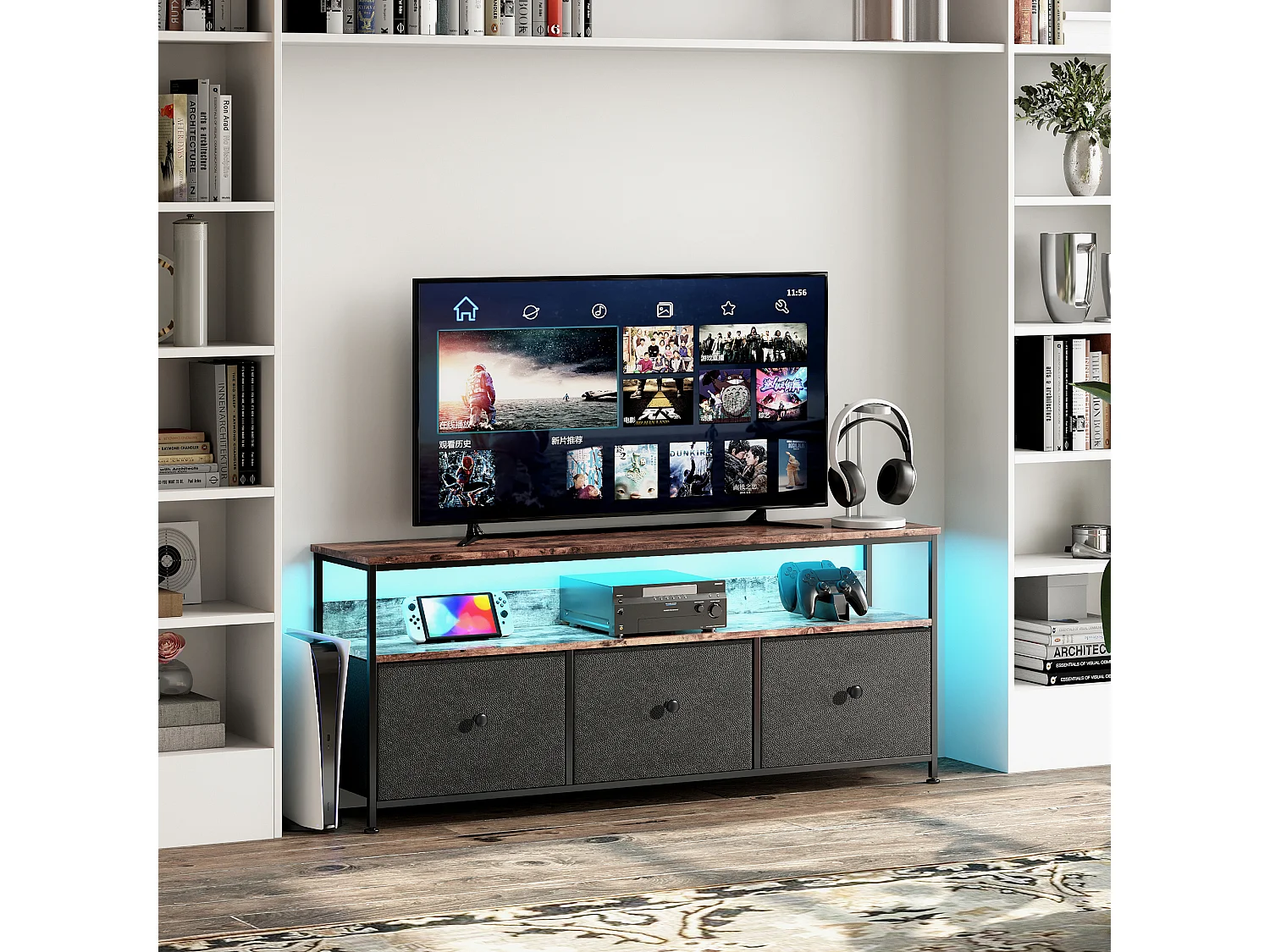 Meuble TV LED RGB – 3 Tiroirs Vintage, Structure Métal, Étagère Réglable, 108x30x57 cm