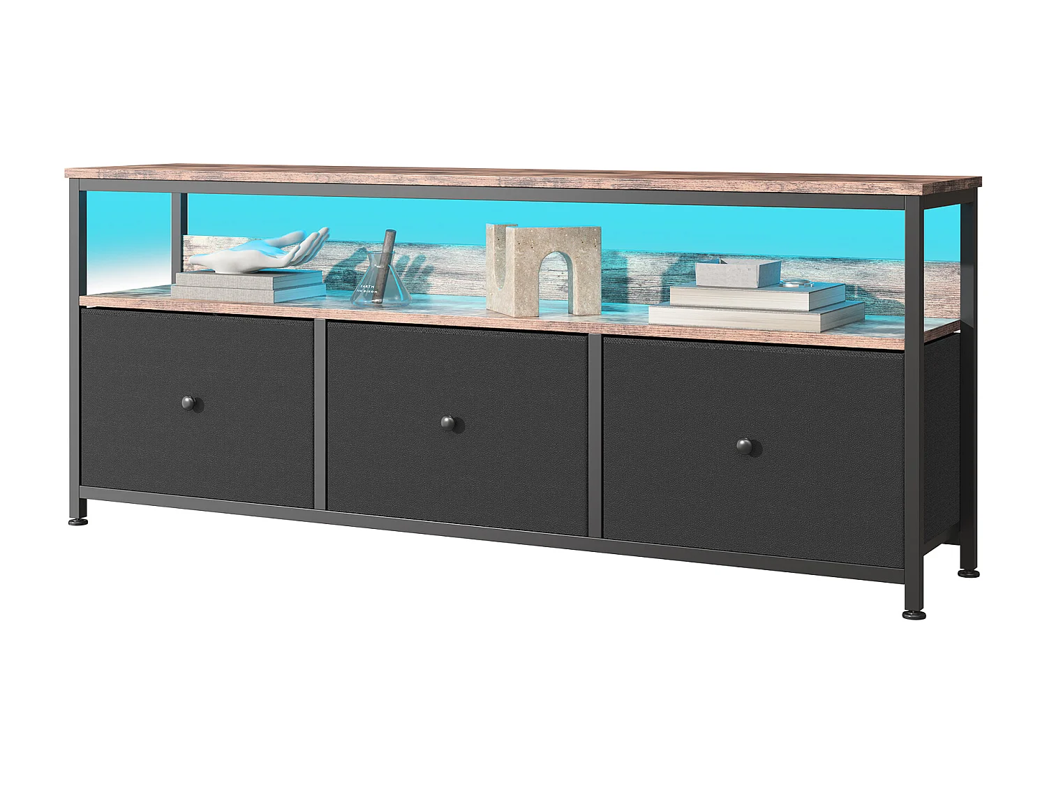 Meuble TV LED RGB – 3 Tiroirs Vintage, Structure Métal, Étagère Réglable, 108x30x57 cm