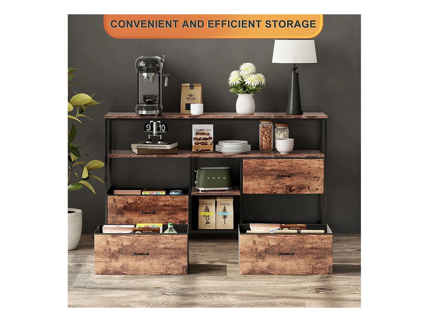 Mobile TV da 137 cm – 4 cassetti in pelle di tigre, illuminazione LED regolabile, noce