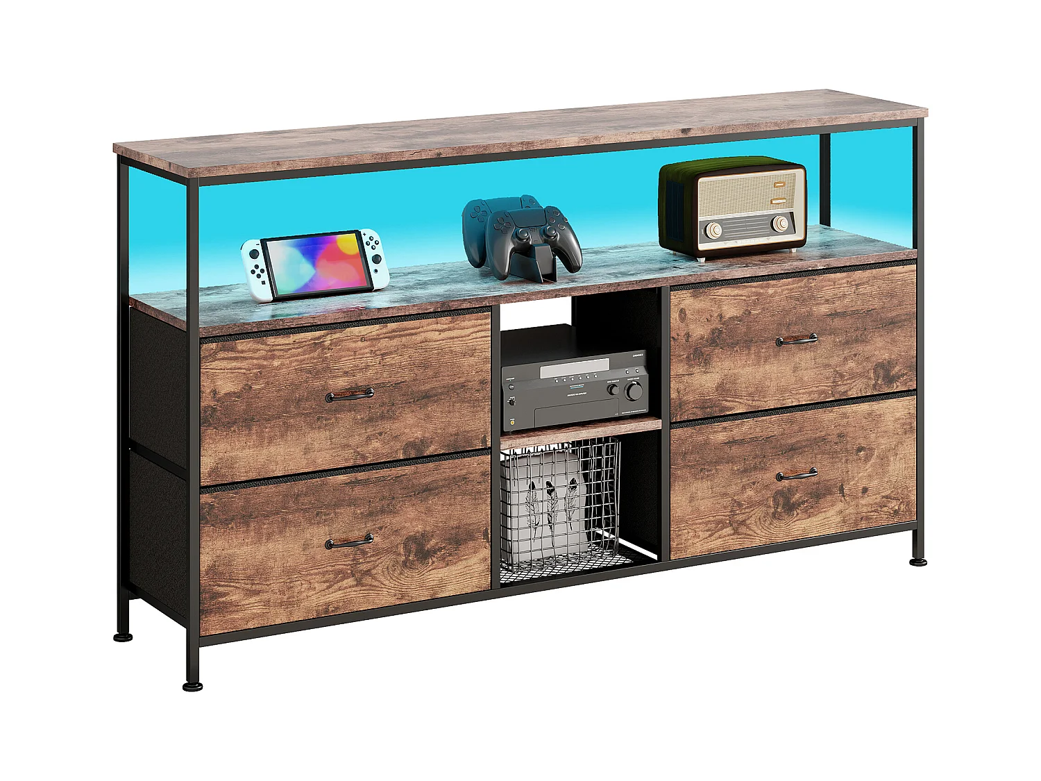 Mobile TV da 137 cm – 4 cassetti in pelle di tigre, illuminazione LED regolabile, noce