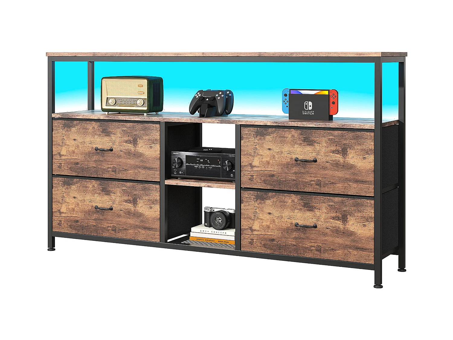 Mobile TV da 137 cm – 4 cassetti in pelle di tigre, illuminazione LED regolabile, noce