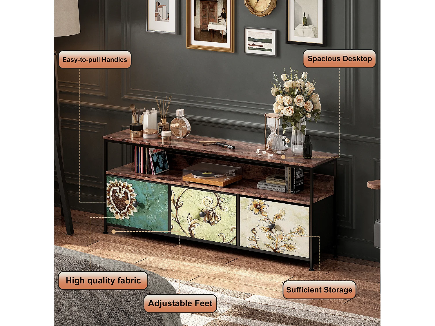 RGB-LED-TV-Ständer – 3 Vintage-Schubladen, Metallrahmen, verstellbares Regal, 108 x 30 x 57 cm