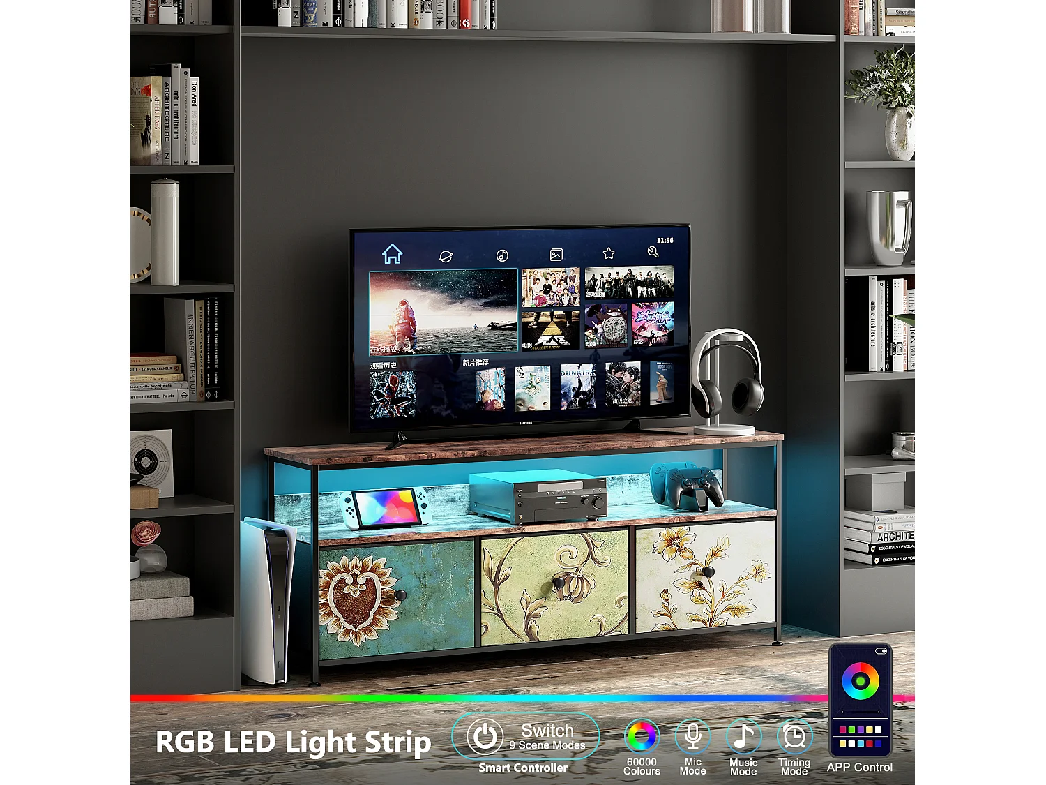 RGB-LED-TV-Ständer – 3 Vintage-Schubladen, Metallrahmen, verstellbares Regal, 108 x 30 x 57 cm