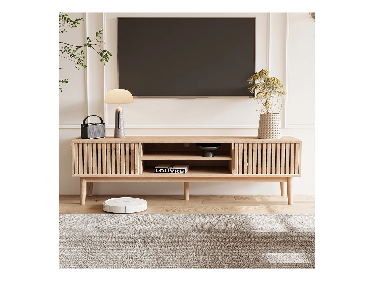 Meuble TV Bois Massif – Portes Ventilées, Rangement, Couleur Naturelle