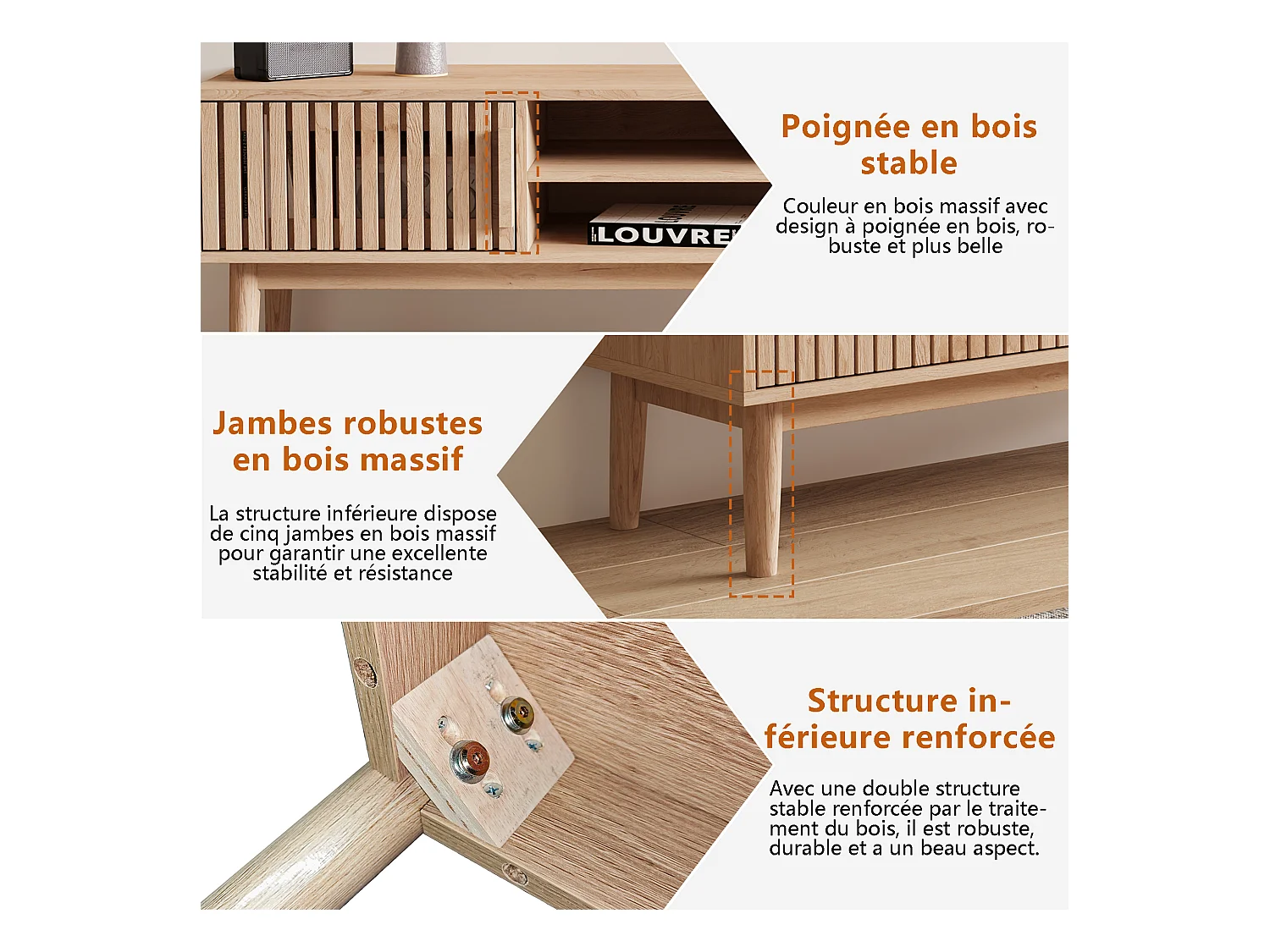 Meuble TV Bois Massif – Portes Ventilées, Rangement, Couleur Naturelle